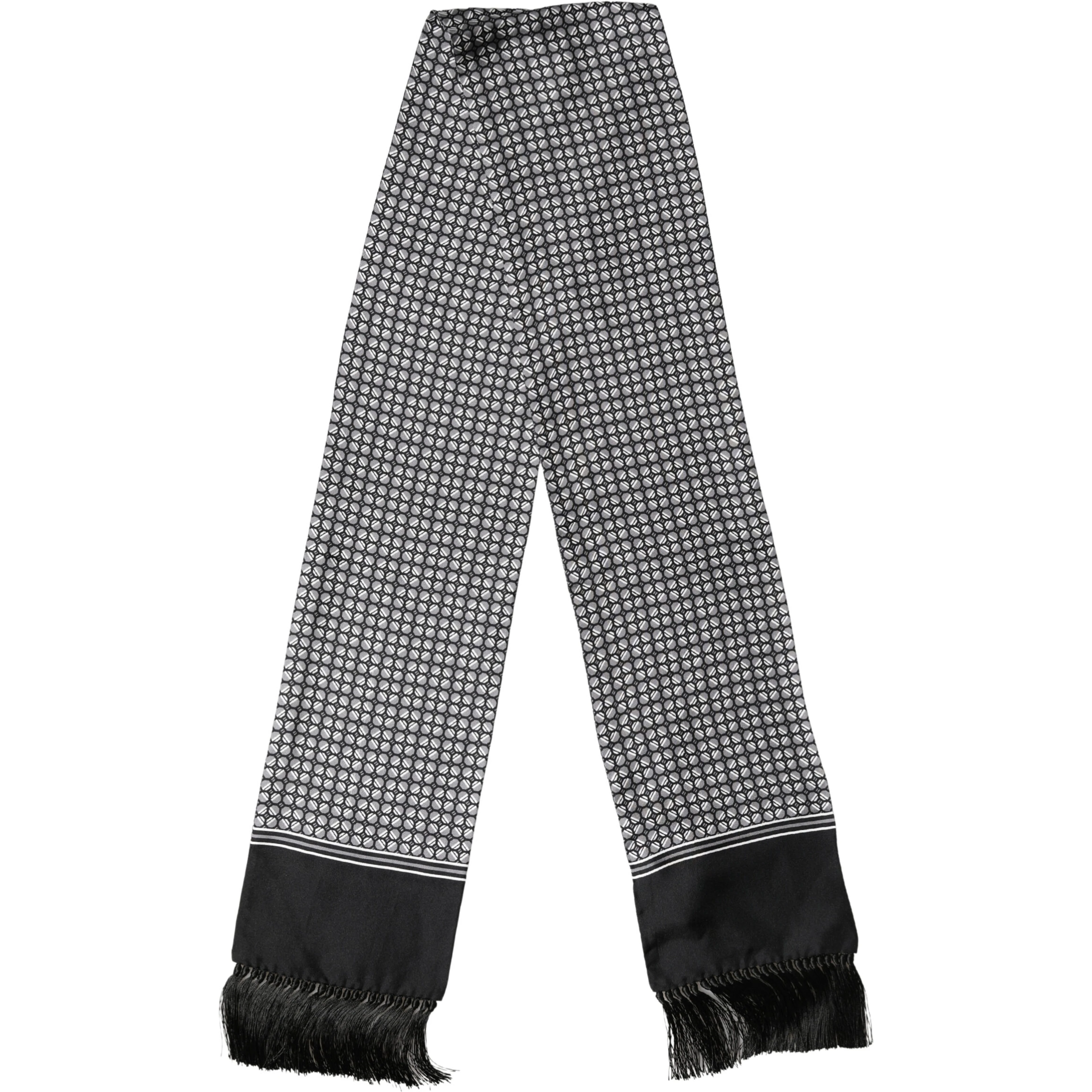 Black Silk Geometric Fringed Foulard 140cm x 15cm Scarf