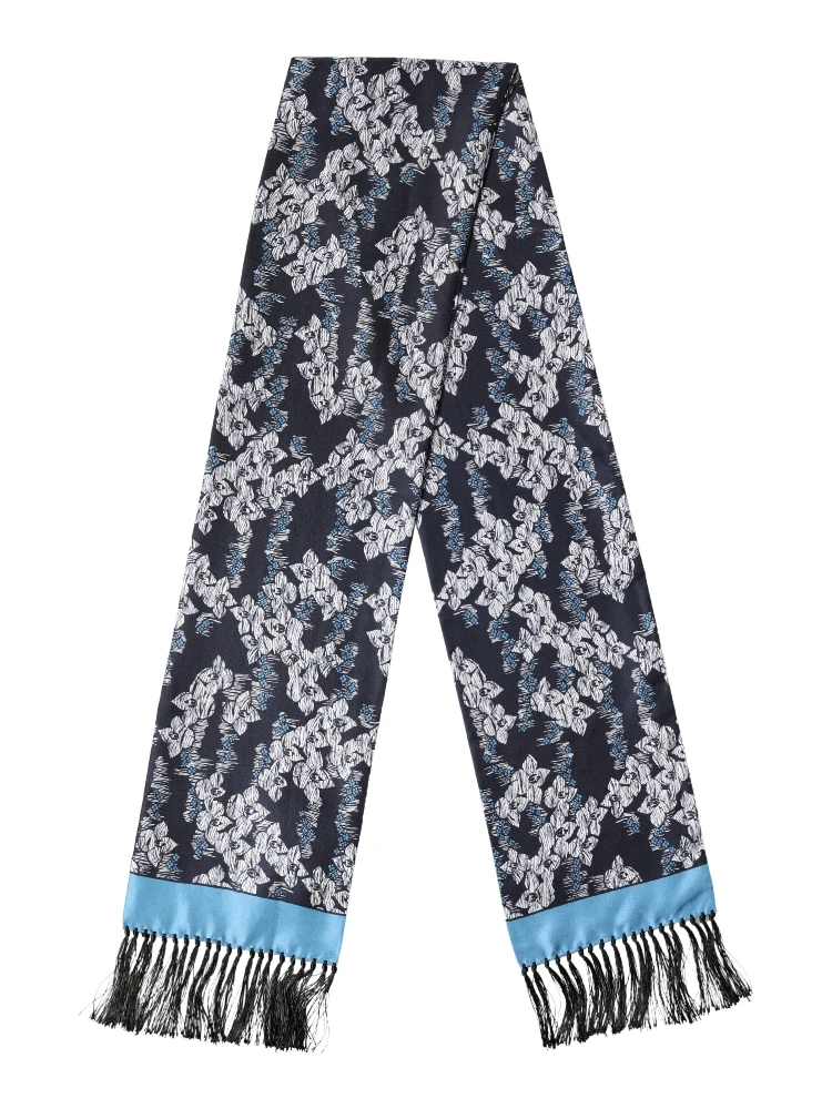 Black Blue Silk Floral Pattern Fringe 140cm x 16cm  Scarf
