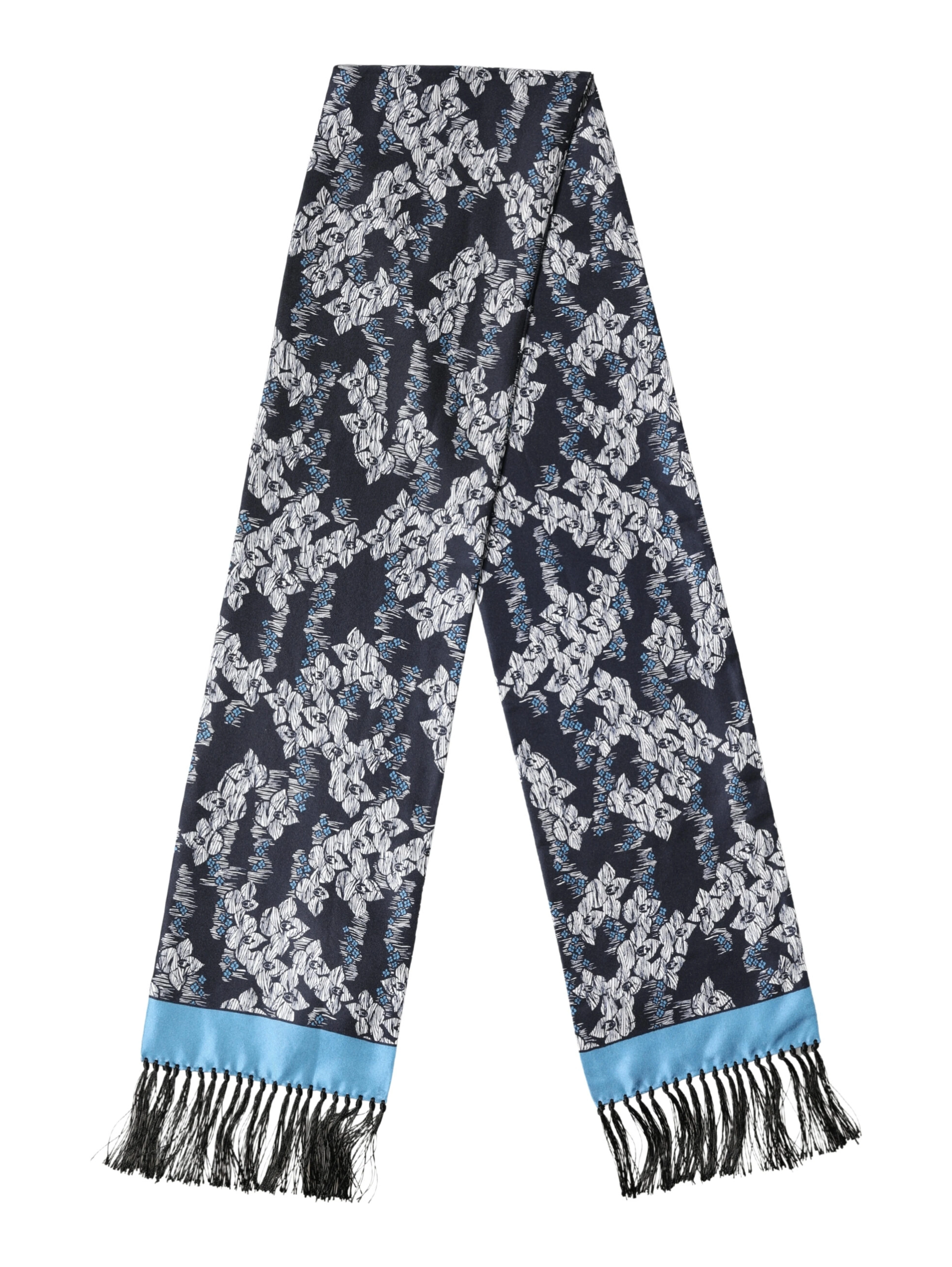 Black Blue Silk Floral Pattern Fringe 140cm x 16cm Scarf