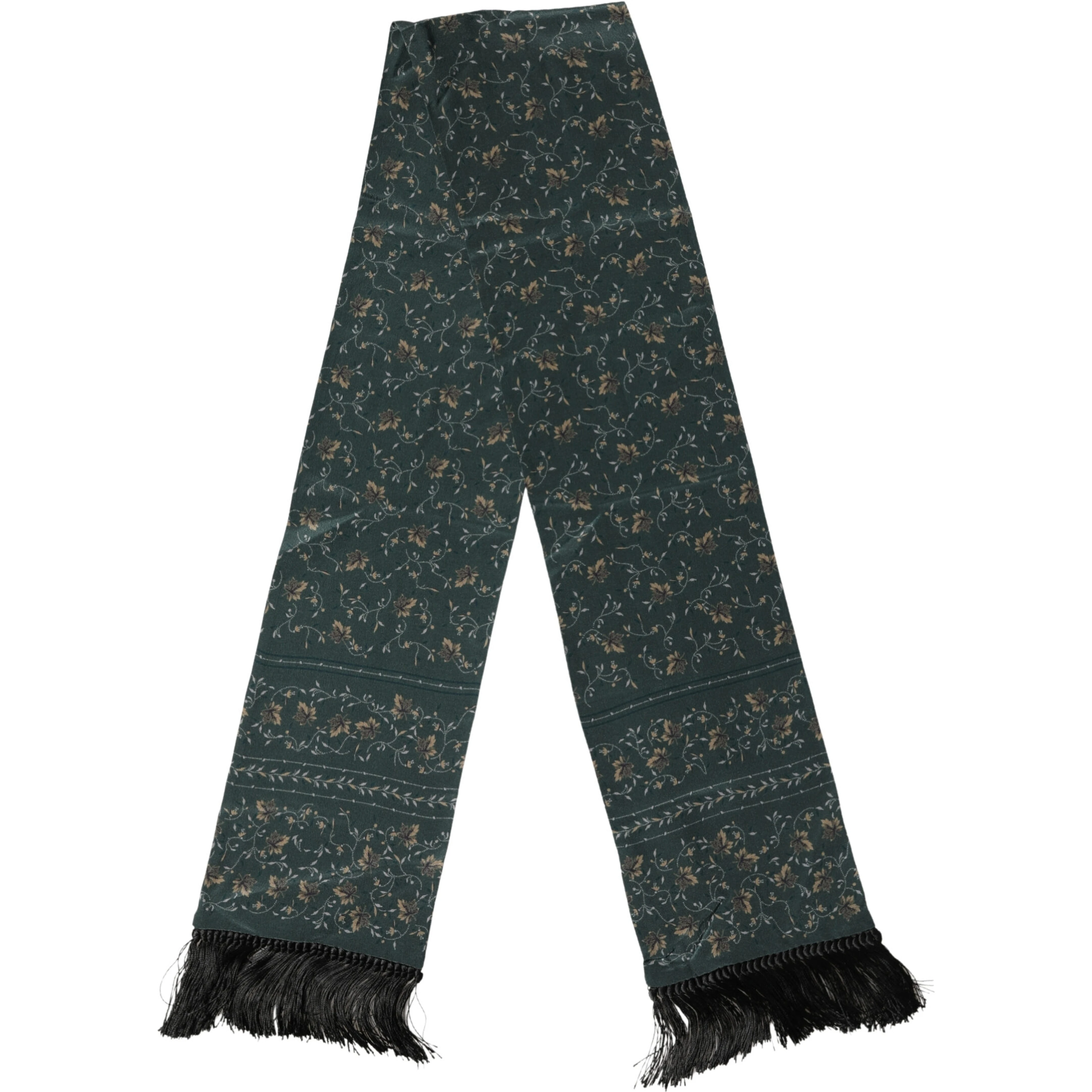Green Silk Floral Pattern Fringed 135cm X 16cm Scarf