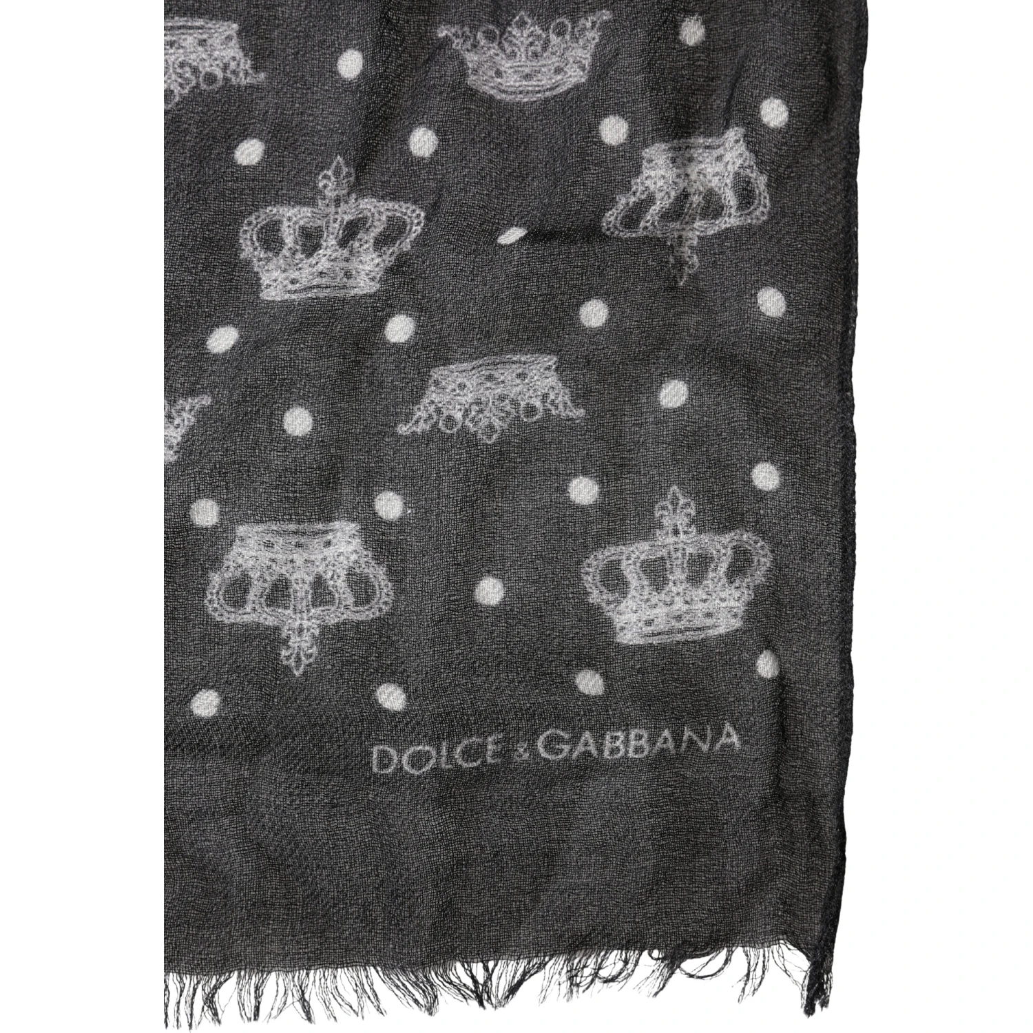 Black Wool Crown Print Fringe Neck Wrap 180cm x 65cm Scarf