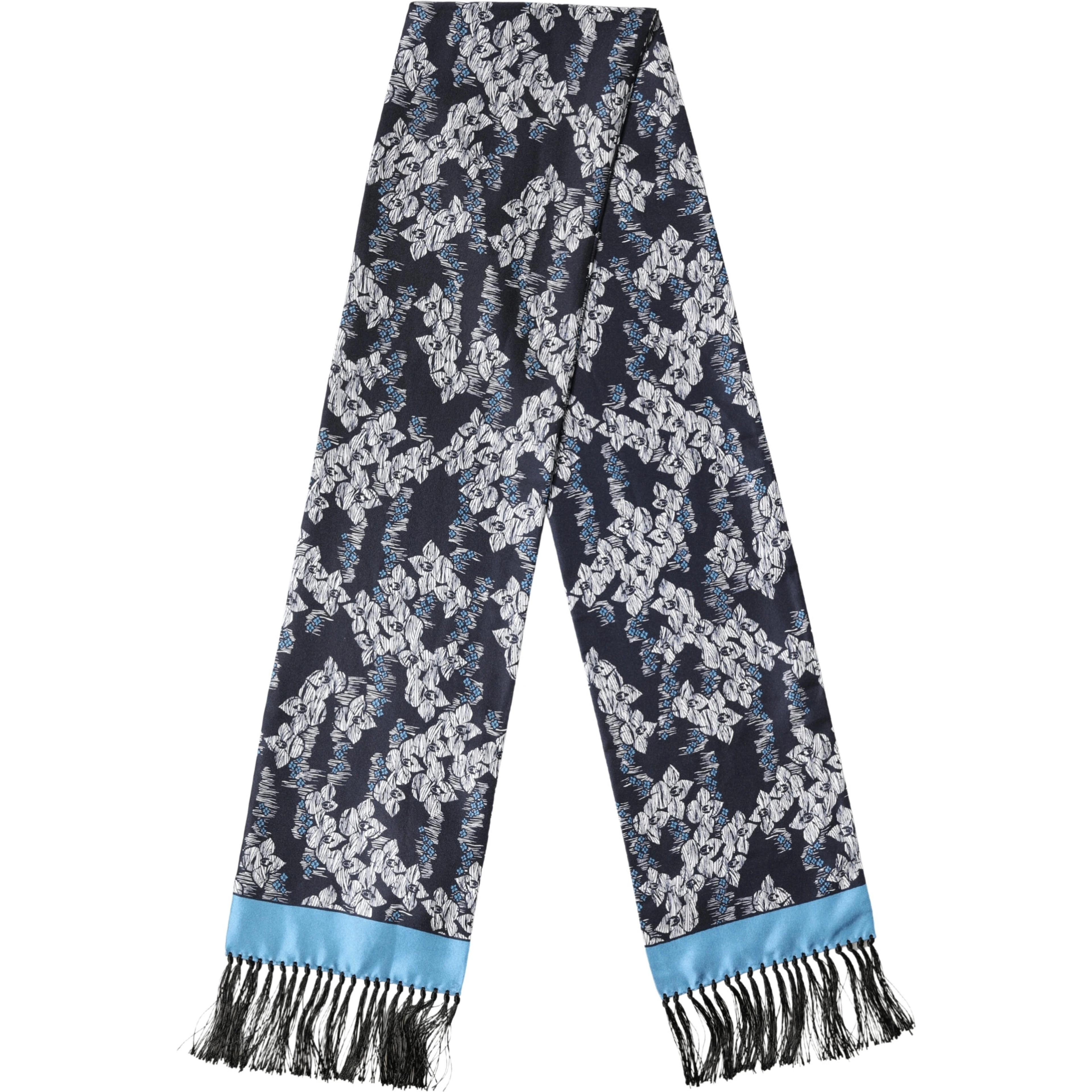 Black Blue Silk Floral Pattern Fringe 140cm x 16cm  Scarf