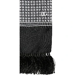 Black Silk Geometric Fringed Foulard 140cm x 15cm Scarf