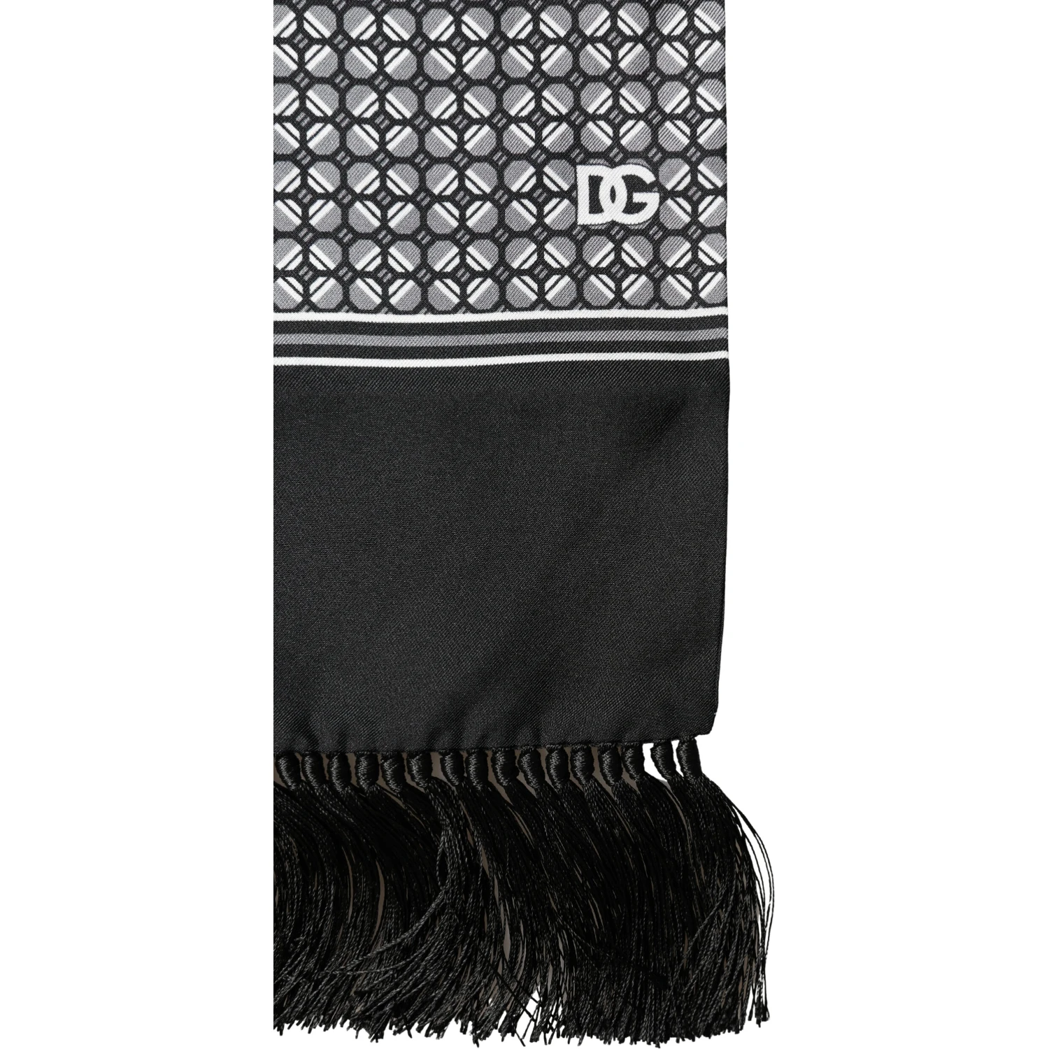 Black Silk Geometric Fringed Foulard 140cm x 15cm Scarf