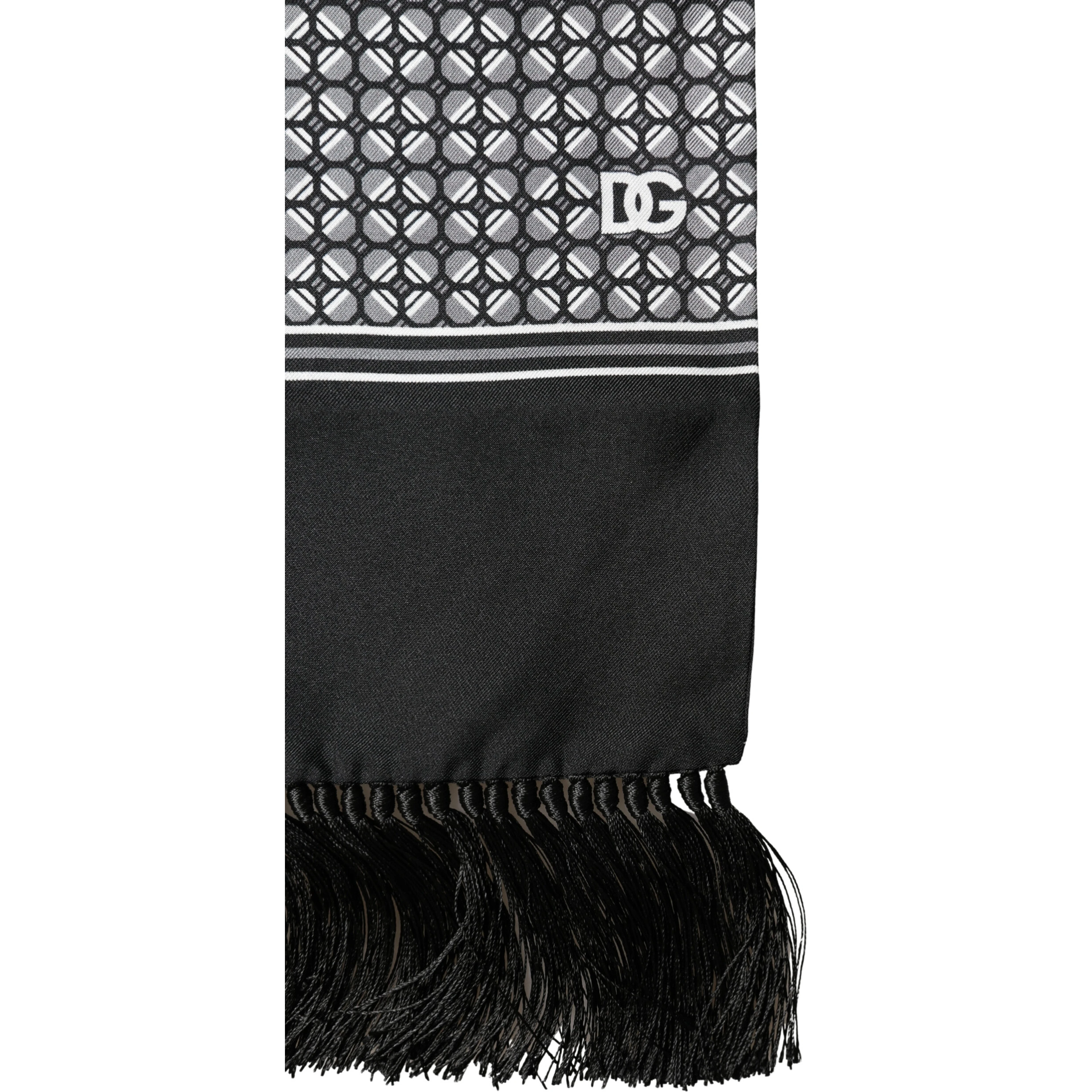 Black Silk Geometric Fringed Foulard 140cm x 15cm Scarf