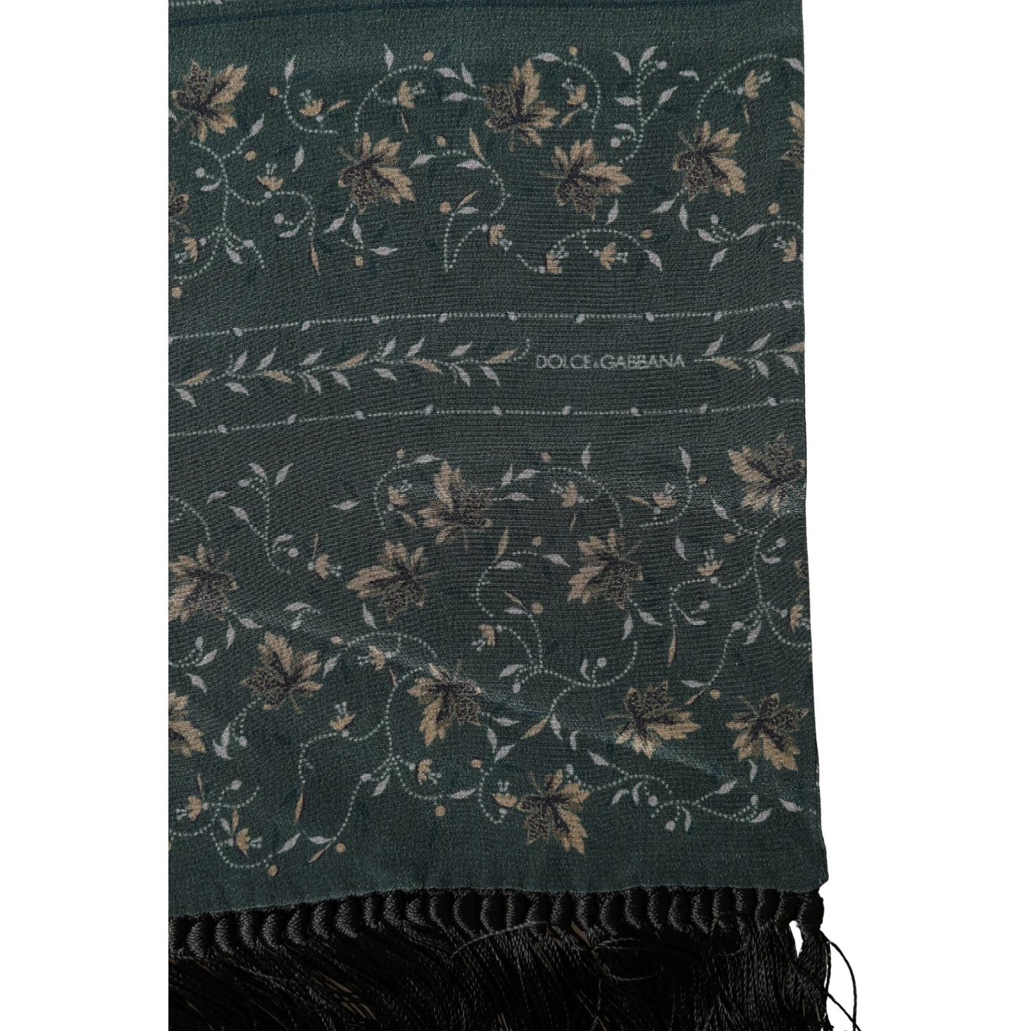 Green Silk Floral Pattern Fringed 135cm X 16cm  Scarf