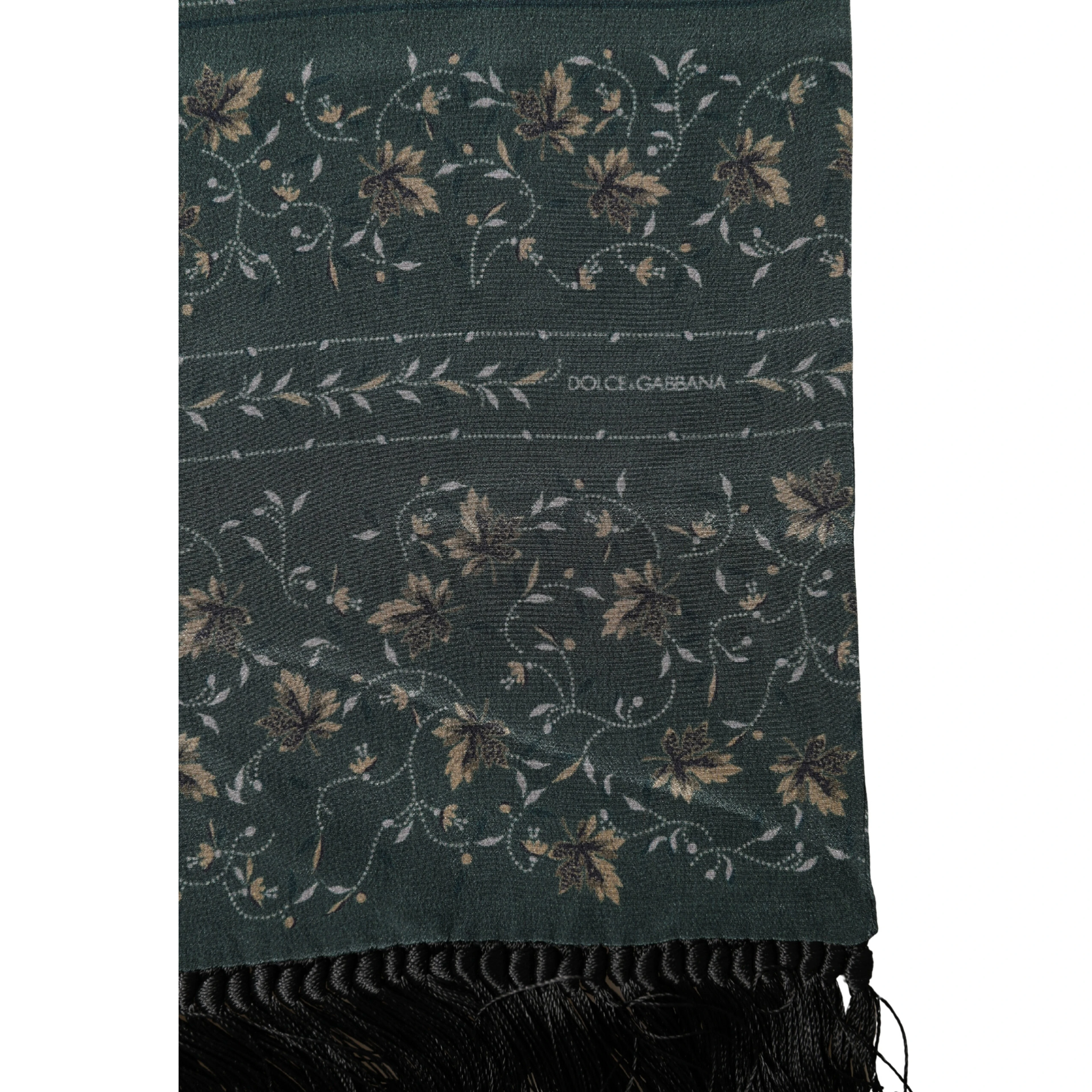 Green Silk Floral Pattern Fringed 135cm X 16cm Scarf