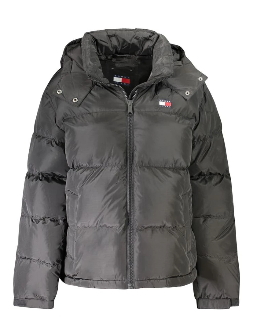 "Black Polyester Women Jacket with Removable Hood"