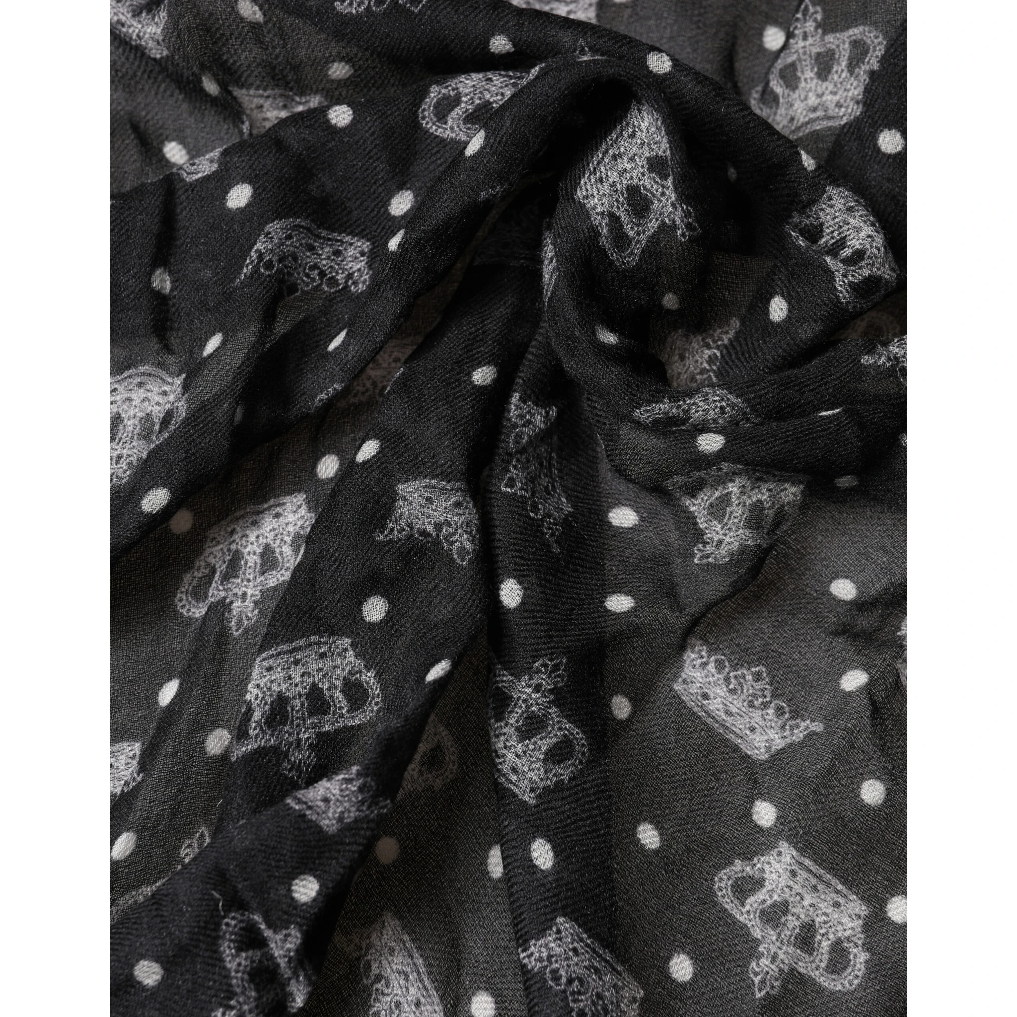 Black Wool Crown Print Fringe Neck Wrap 180cm x 65cm Scarf