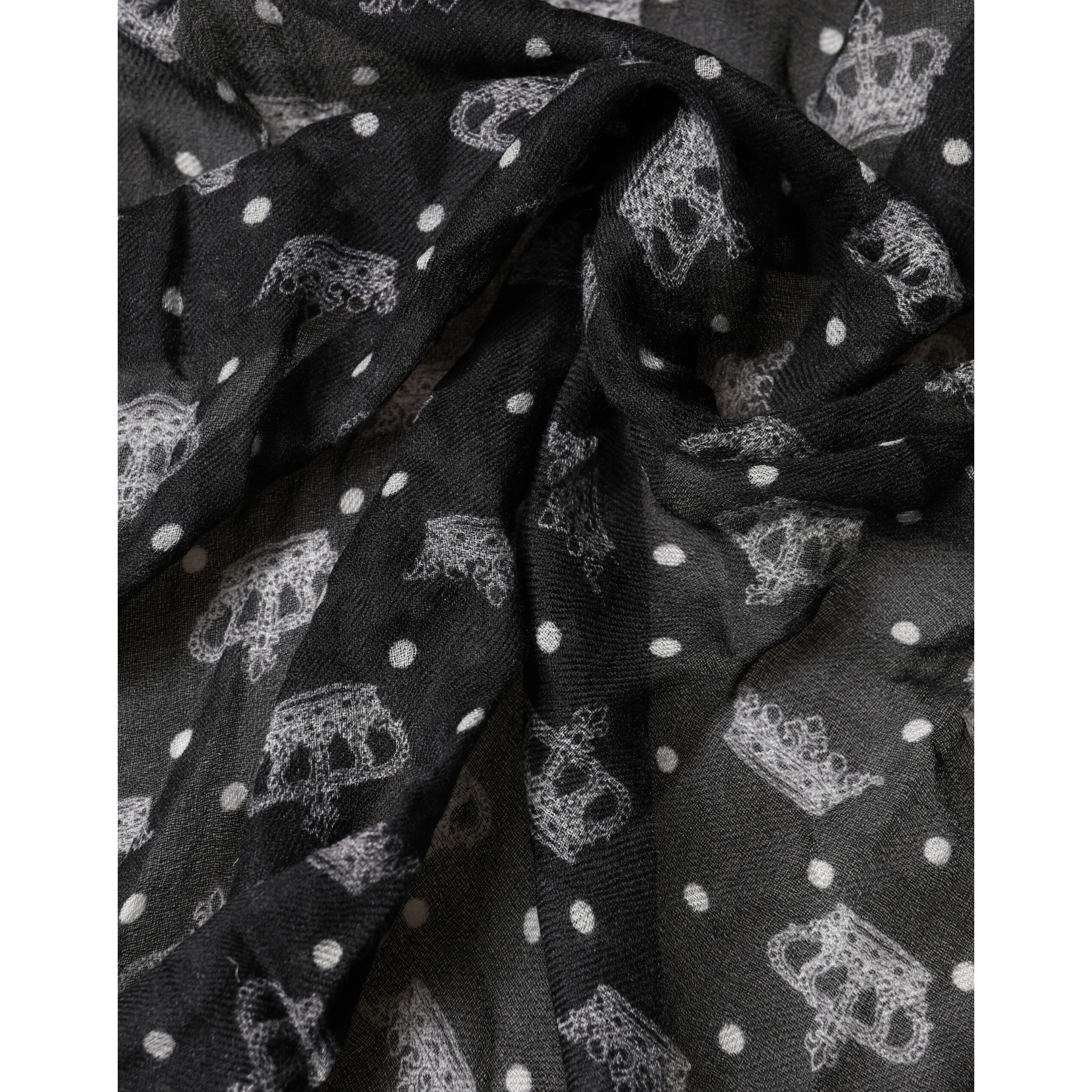 Black Wool Crown Print Fringe Neck Wrap 180cm x 65cm Scarf