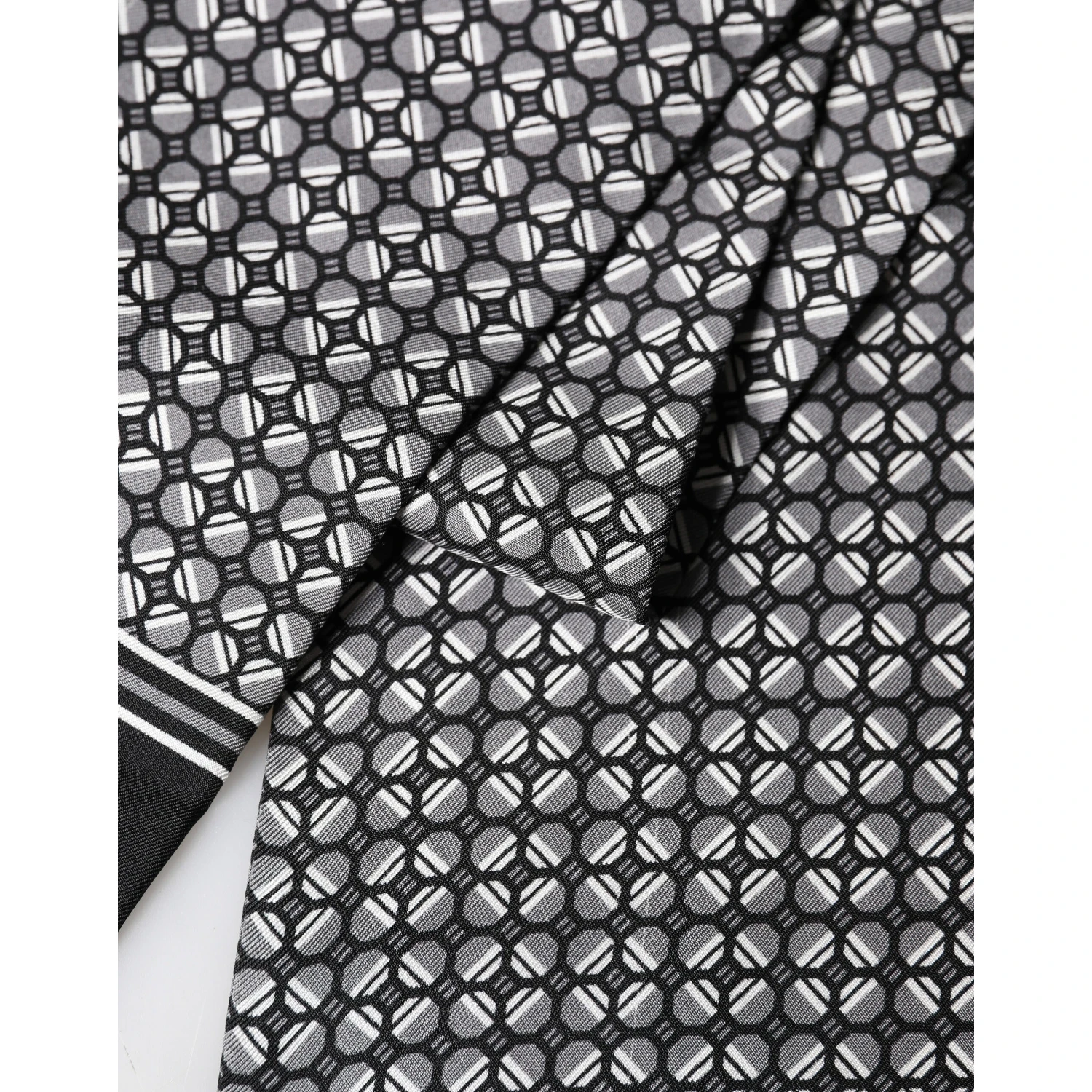 Black Silk Geometric Fringed Foulard 140cm x 15cm Scarf