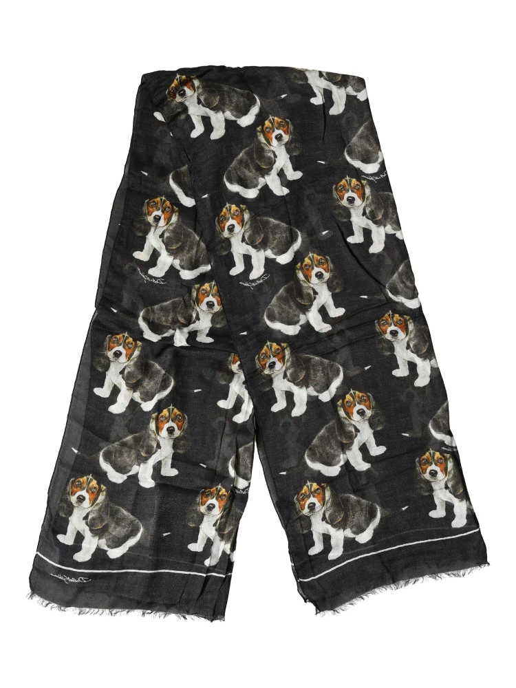 Black Modal Wool Dog Print Fringed 178cm x 64cm Scarf