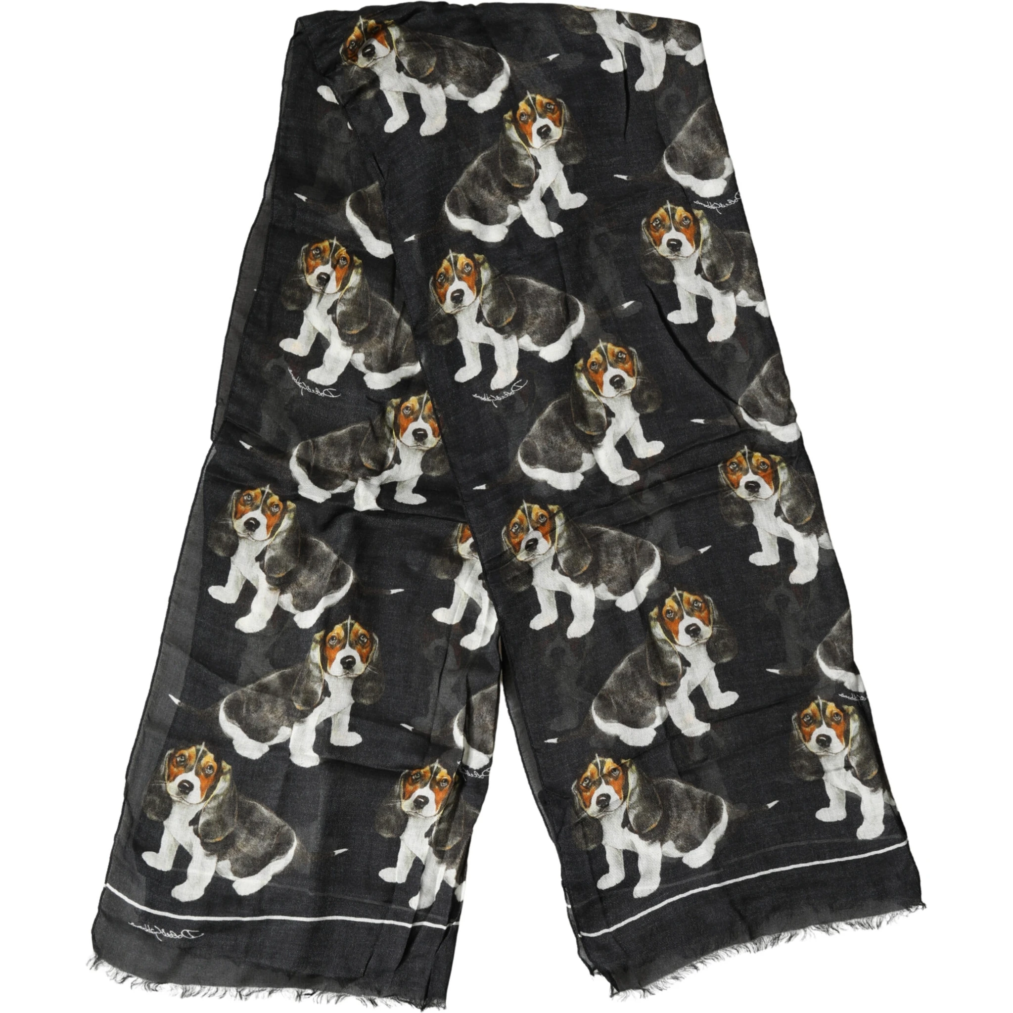 Black Modal Wool Dog Print Fringed 178cm x 64cm Scarf