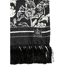Black White Silk Floral Print Fringe 136cm X 15.5cm  Scarf
