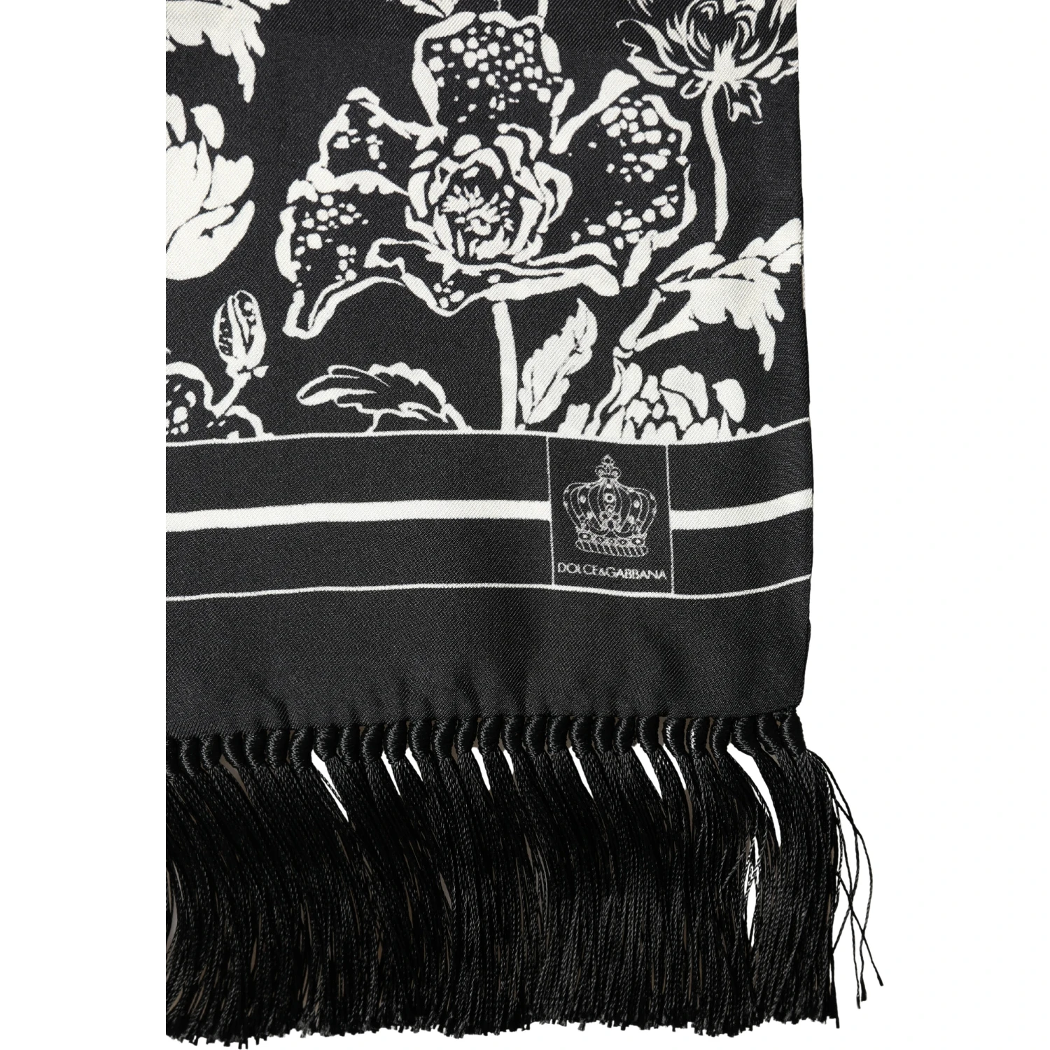 Black White Silk Floral Print Fringe 136cm X 15.5cm  Scarf