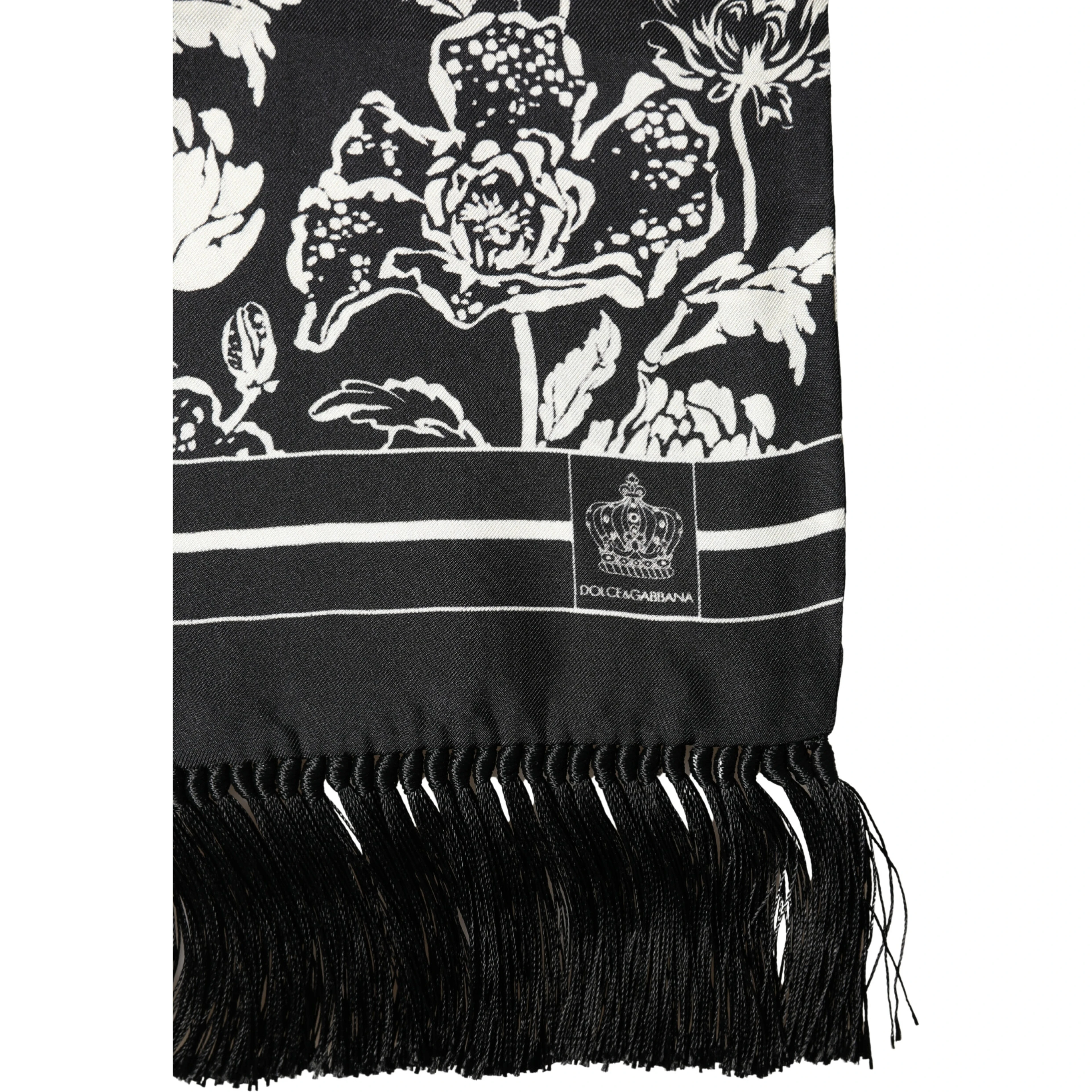 Black White Silk Floral Print Fringe 136cm X 15.5cm  Scarf