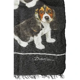 Black Modal Wool Dog Print Fringed 178cm x 64cm Scarf
