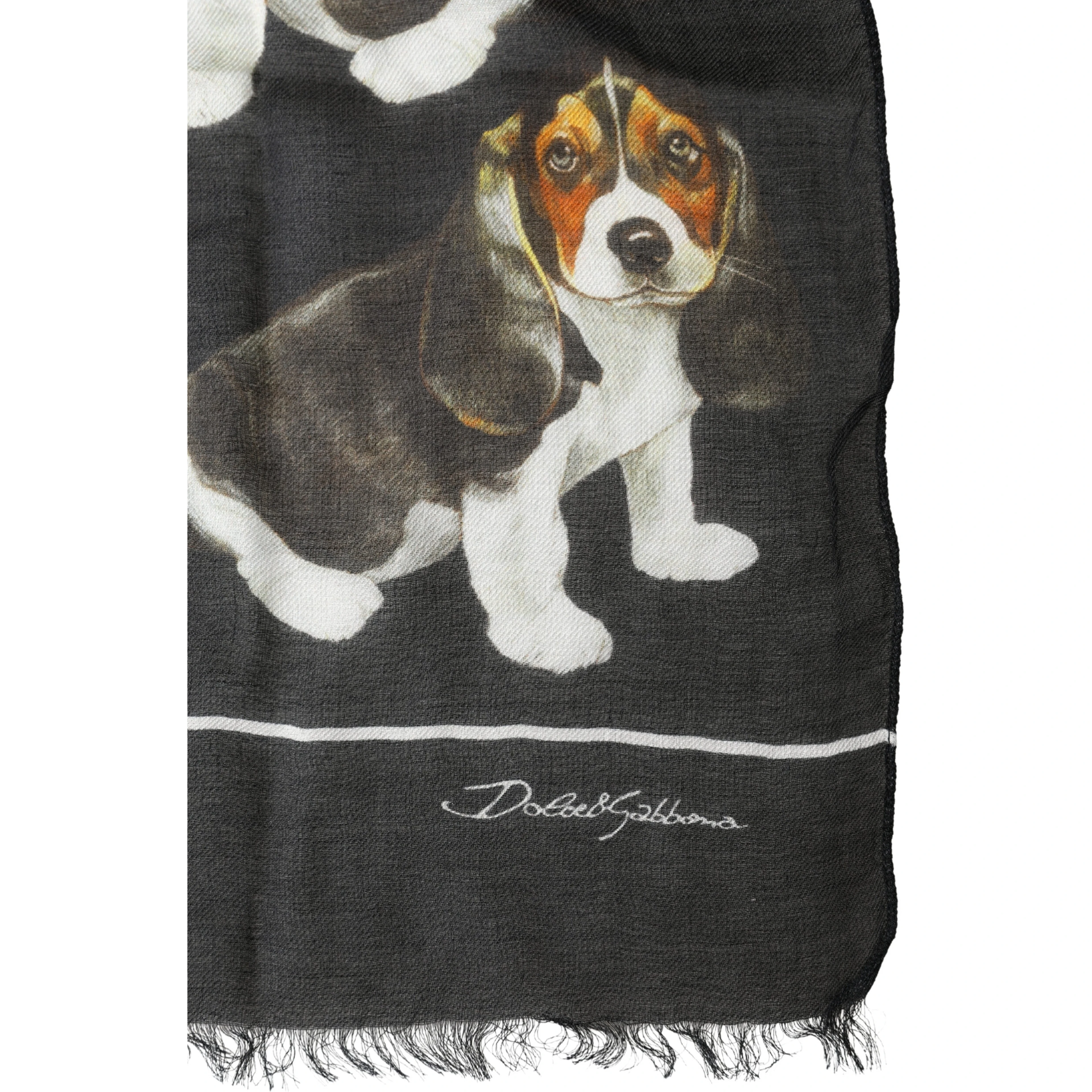 Black Modal Wool Dog Print Fringed 178cm x 64cm Scarf