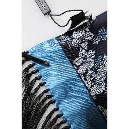 Black Blue Silk Floral Pattern Fringe 140cm x 16cm  Scarf