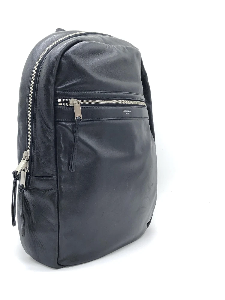 Black Leather City Backpack With Zipper