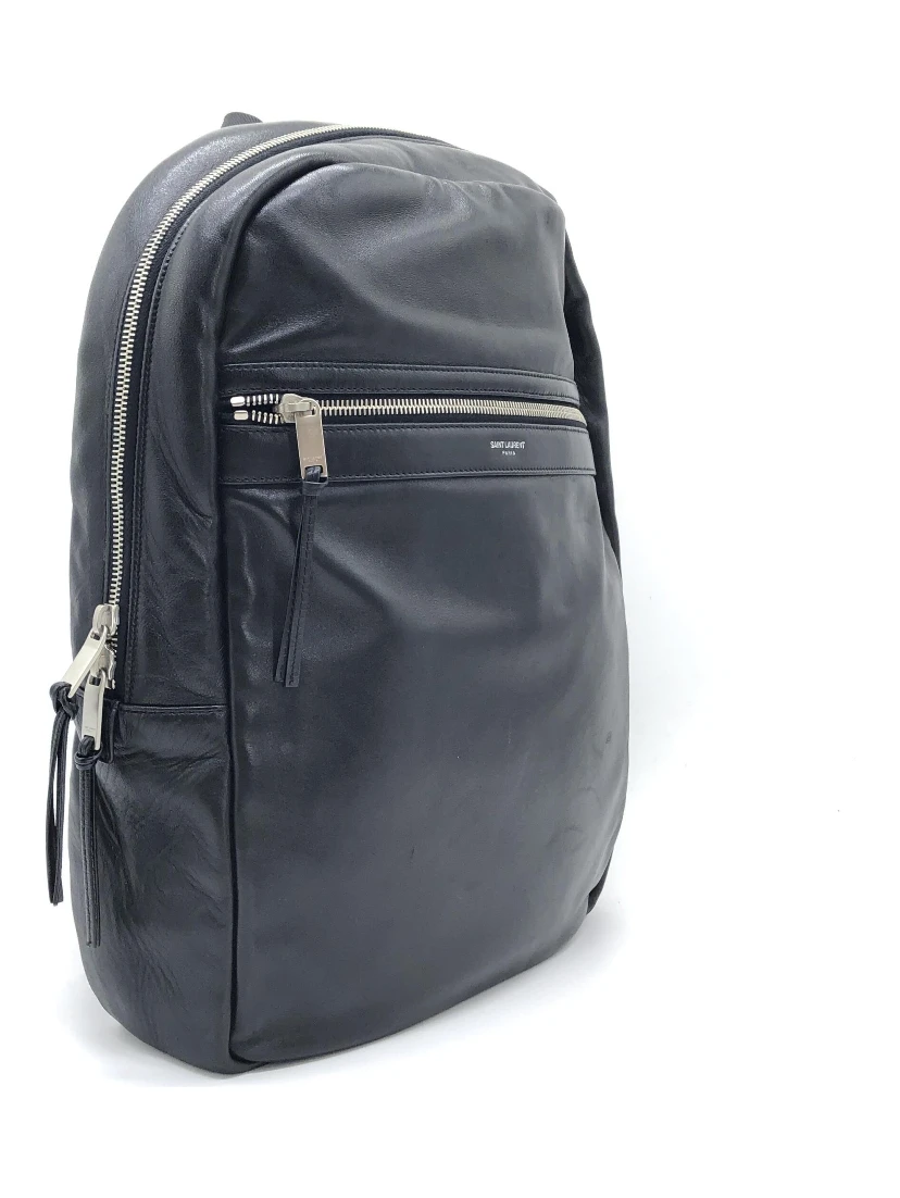 Black Leather City Backpack With Zipper
