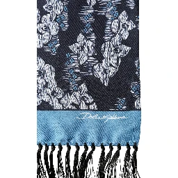 Black Blue Silk Floral Pattern Fringe 140cm x 16cm  Scarf