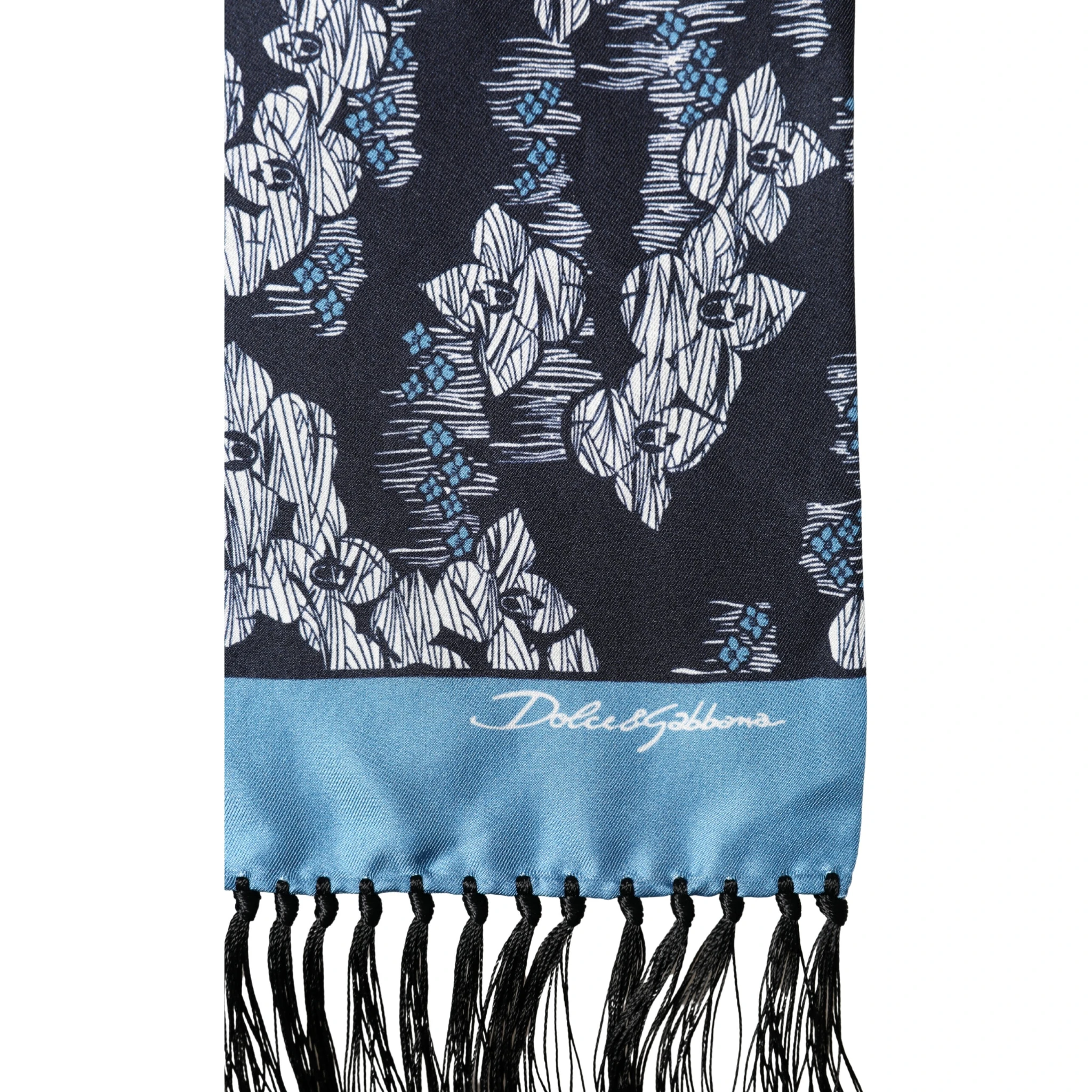 Black Blue Silk Floral Pattern Fringe 140cm x 16cm  Scarf
