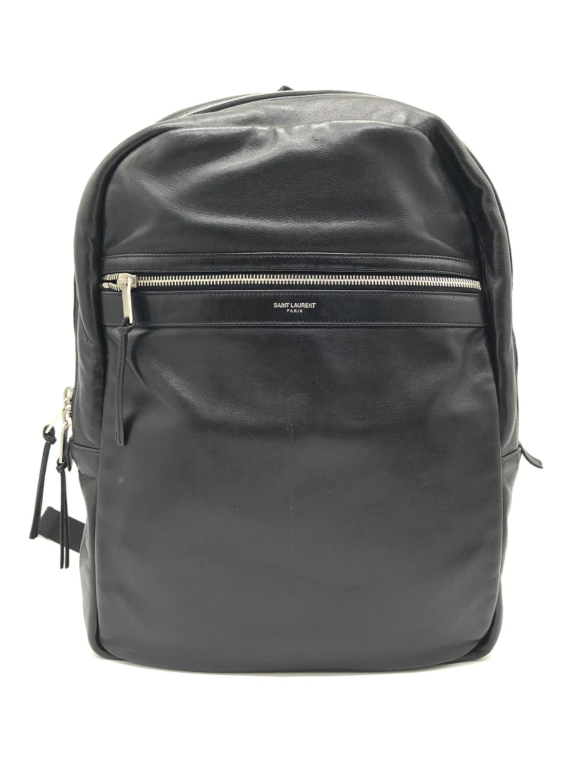 Black Leather City Backpack With Zipper