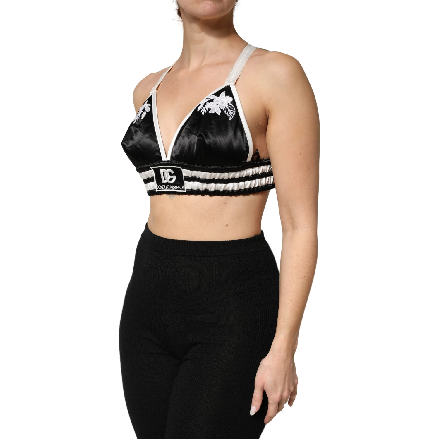 Black Floral Silk Satin Crop Logo Bralette Top
