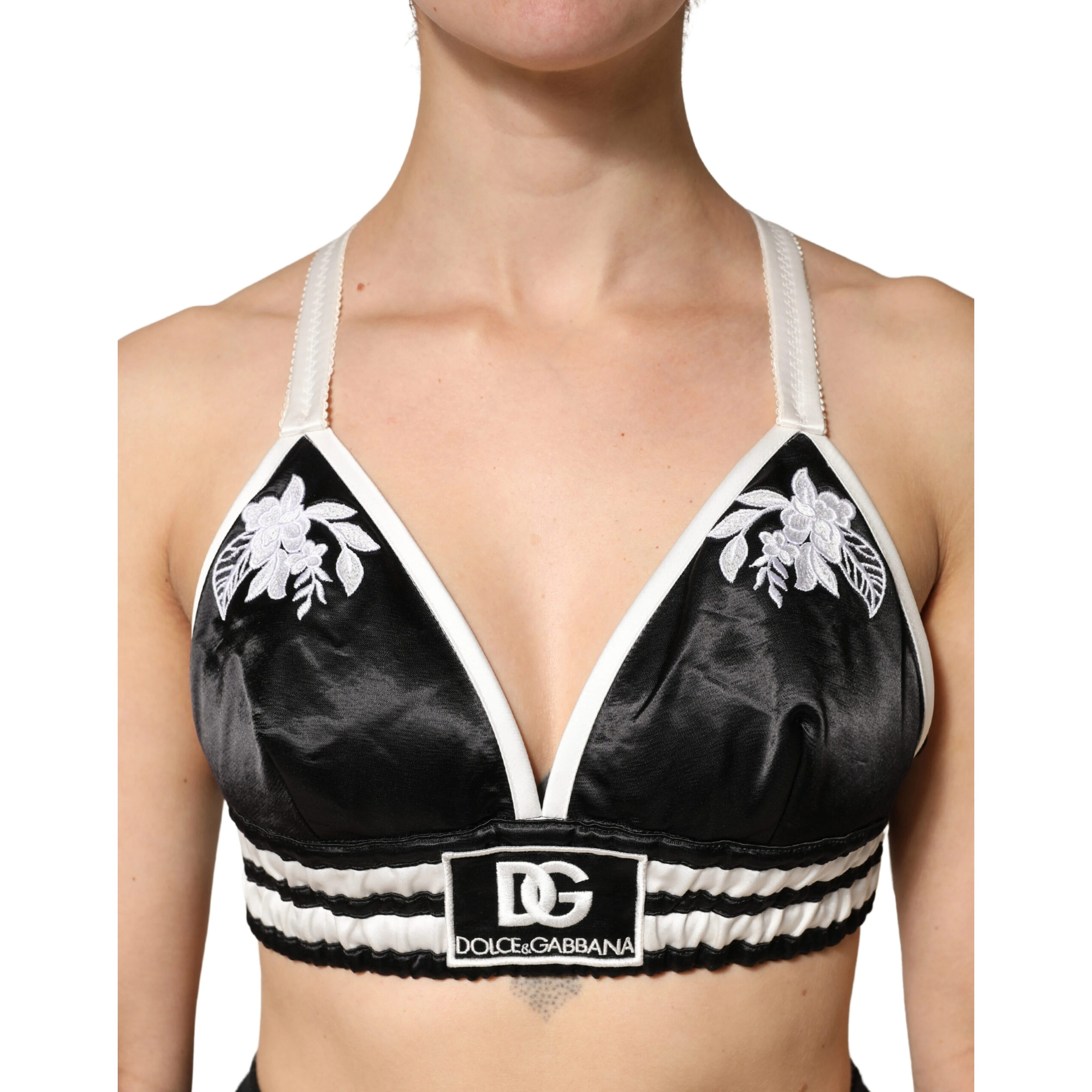 Black Floral Silk Satin Crop Logo Bralette Top
