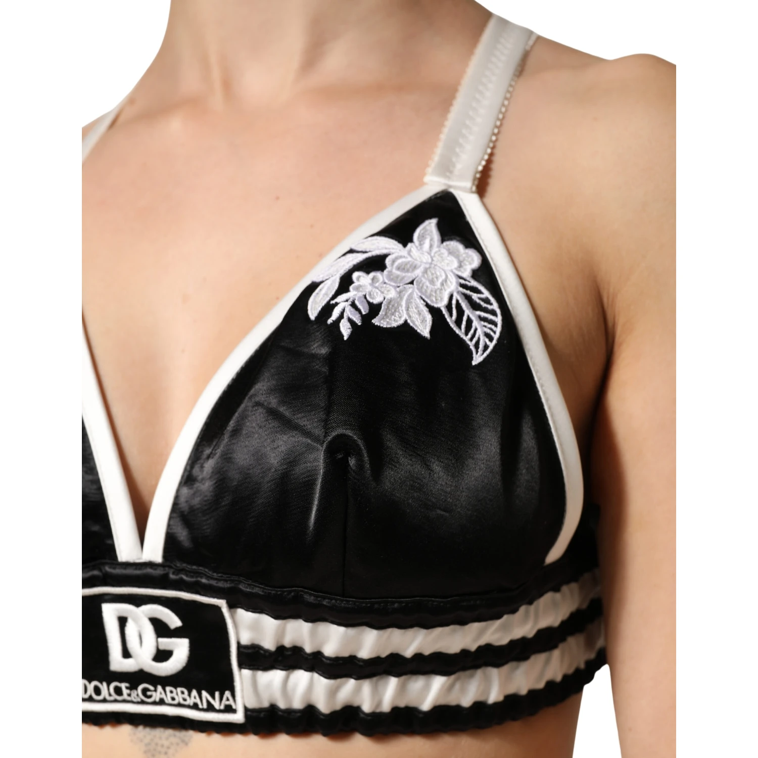 Black Floral Silk Satin Crop Logo Bralette Top