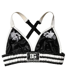Black Floral Silk Satin Crop Logo Bralette Top