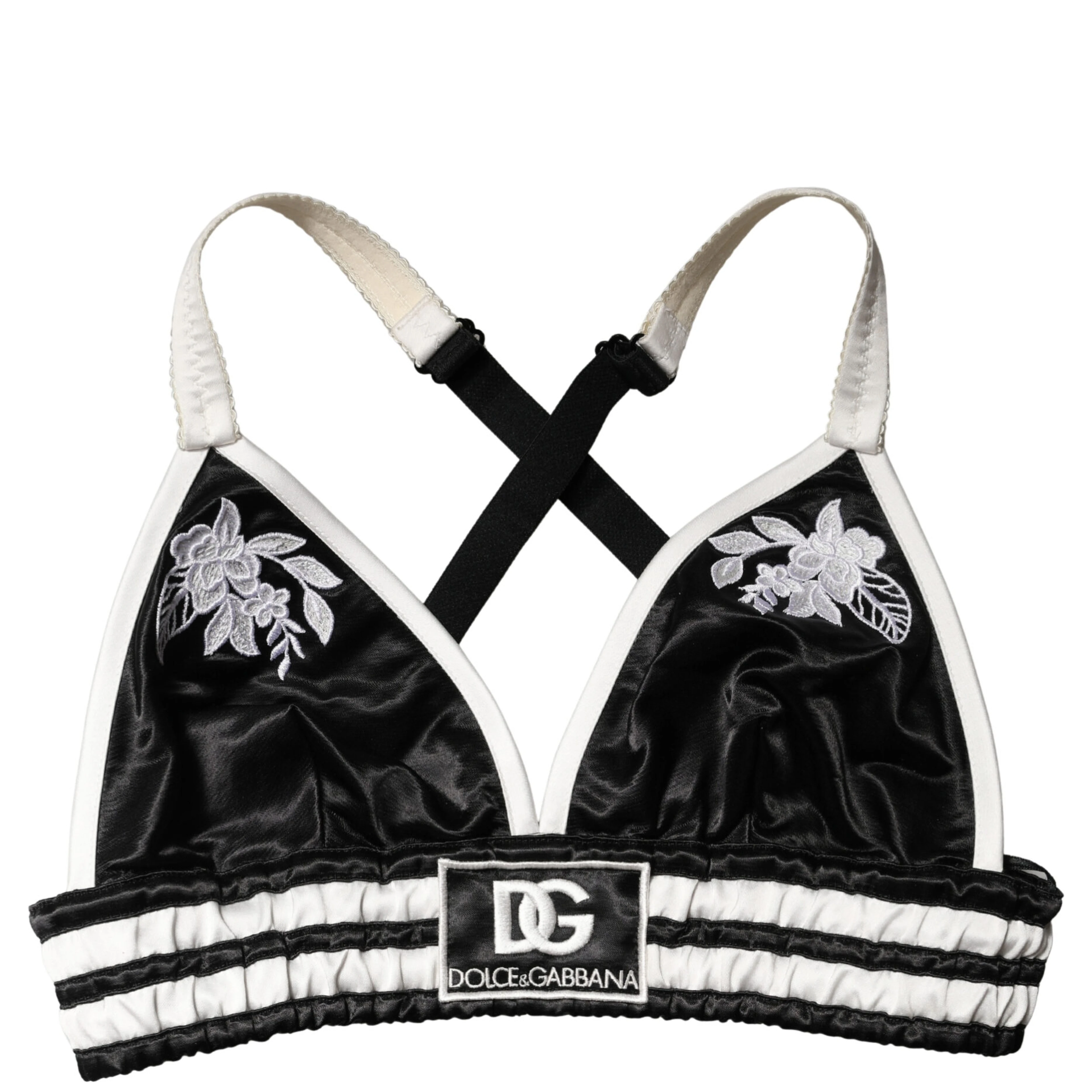 Black Floral Silk Satin Crop Logo Bralette Top