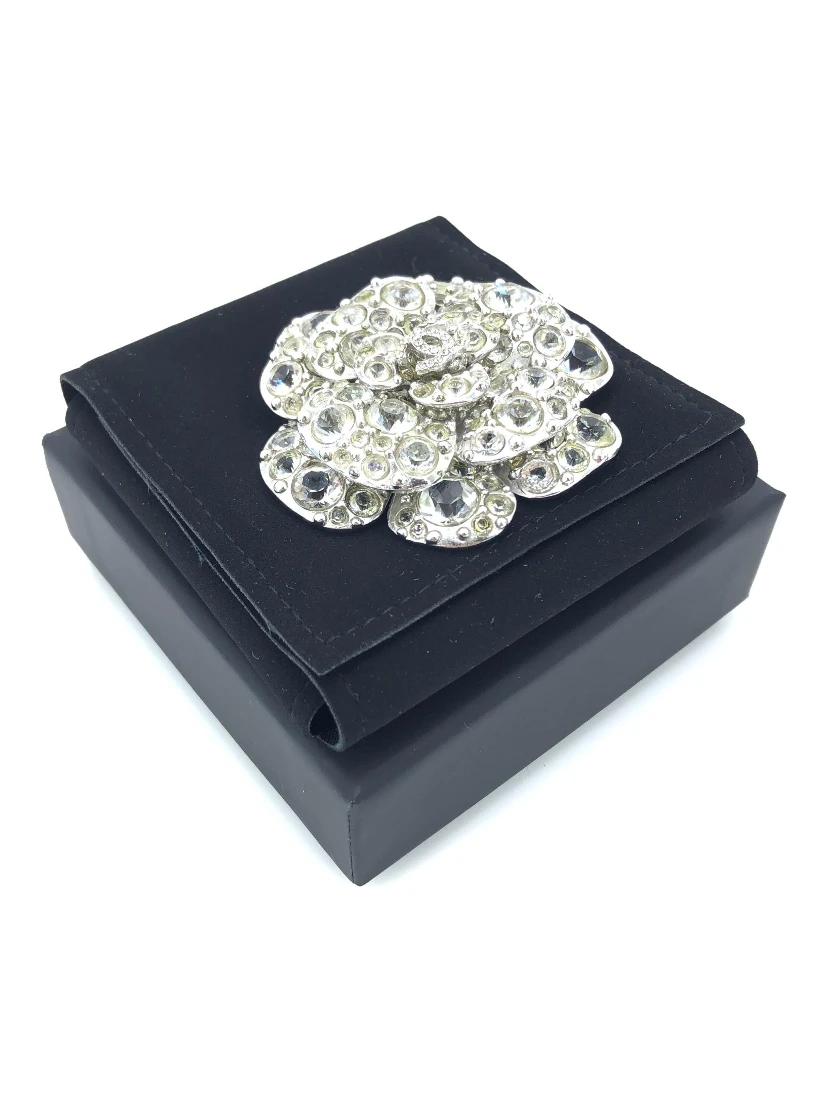 Silver Crystal Camellia Flower Brooch