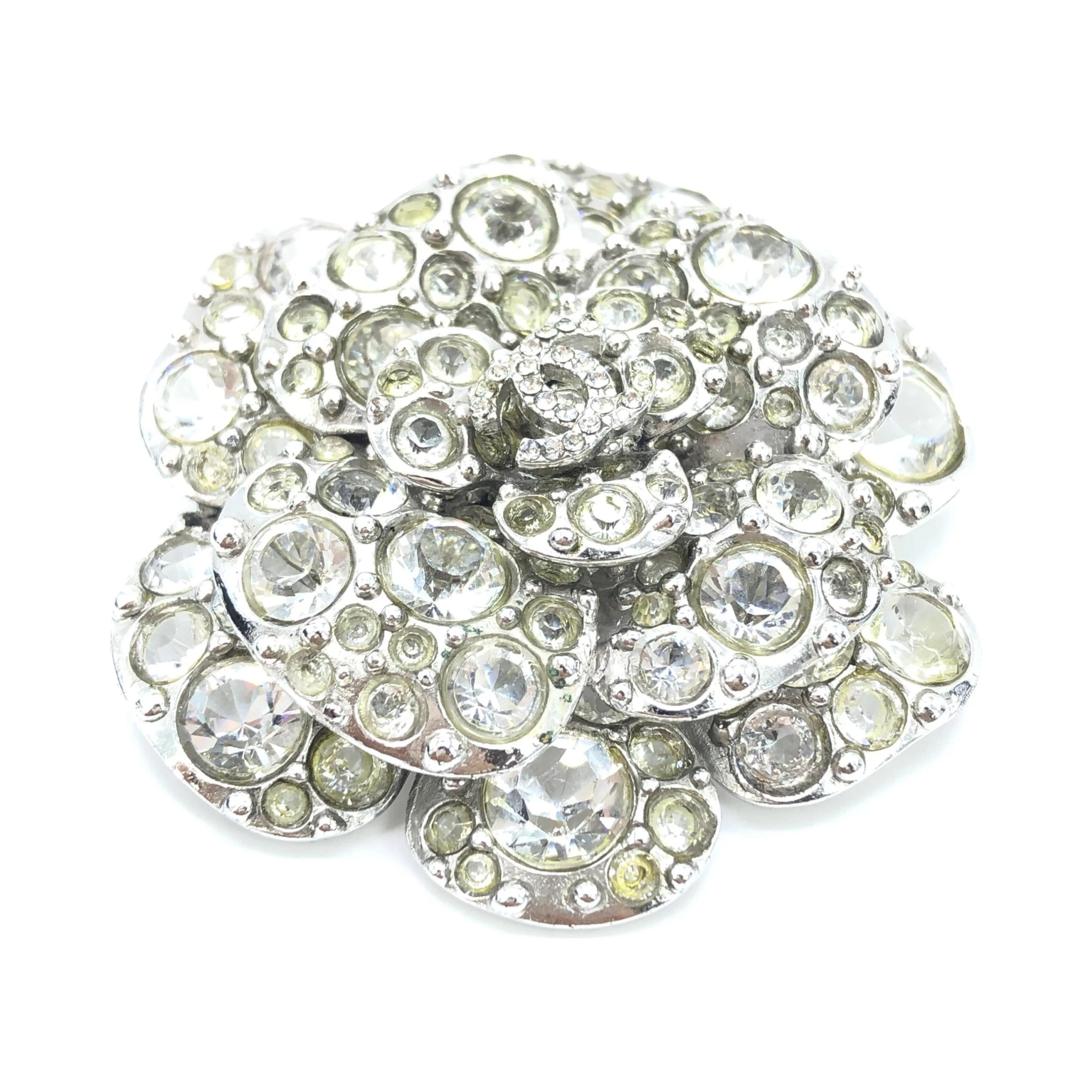 Silver Crystal Camellia Flower Brooch