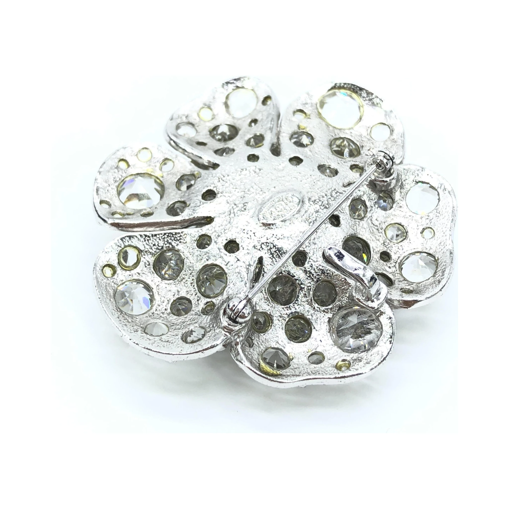 Silver Crystal Camellia Flower Brooch