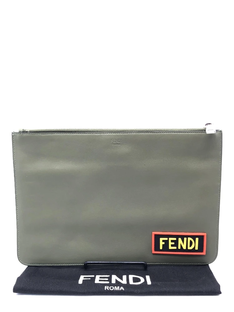 Moss Green Leather Clutch With Logo