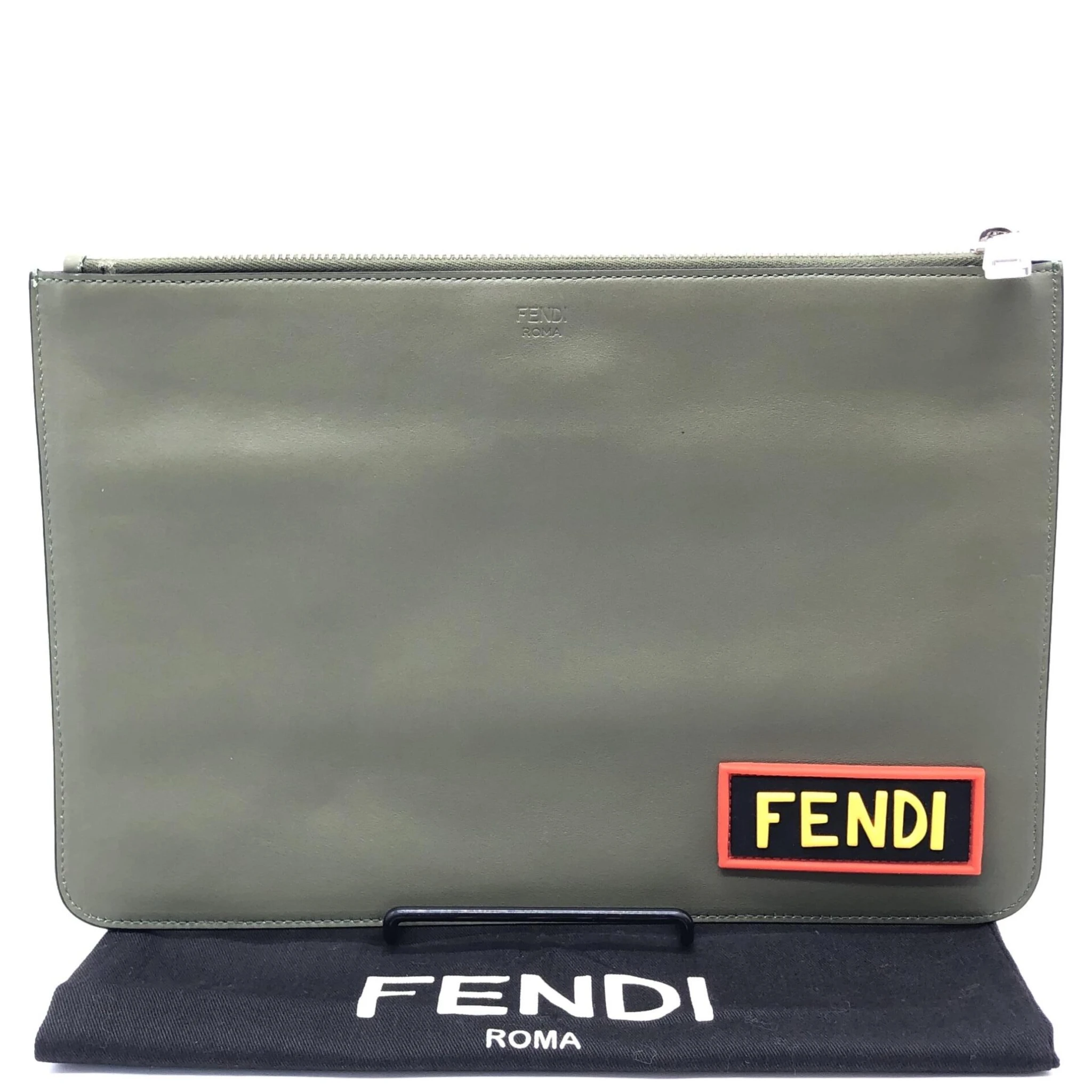 Moss Green Leather Clutch With Logo