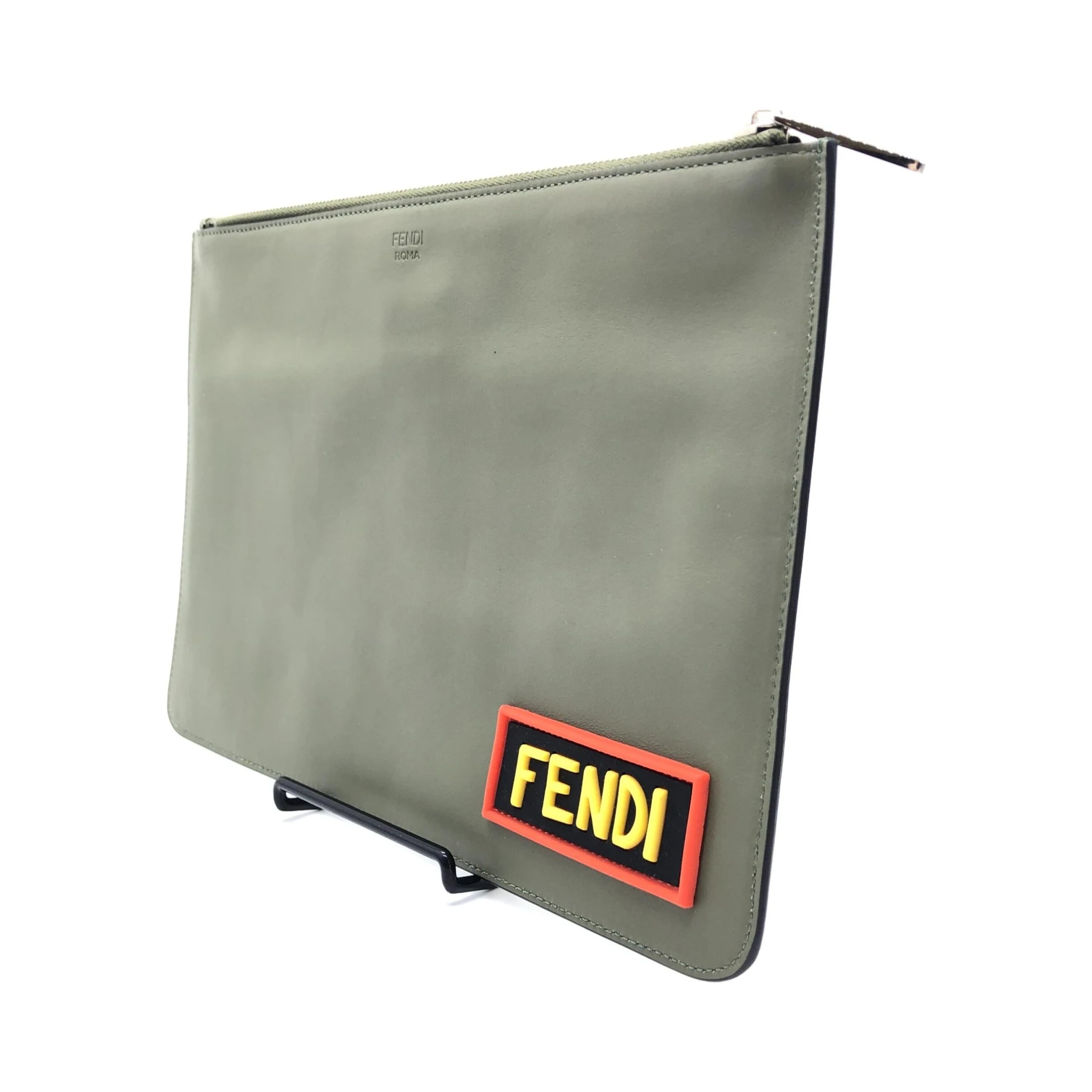 Moss Green Leather Clutch With Logo