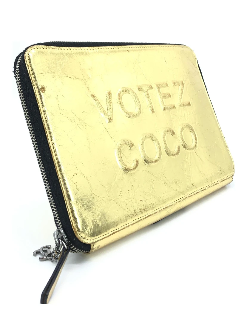 Gold Tone Votez Coco Zip Clutch
