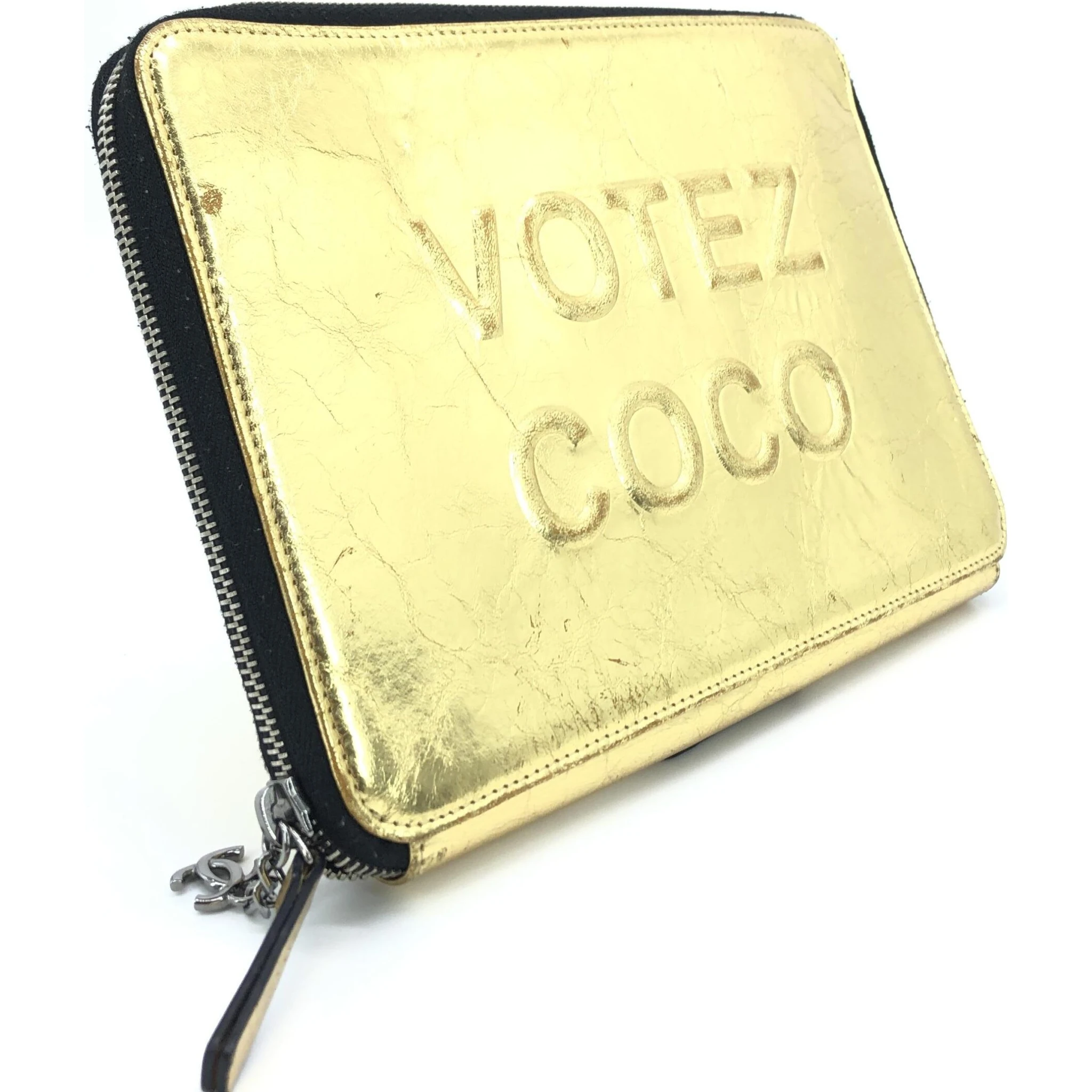 Gold Tone Votez Coco Zip Clutch
