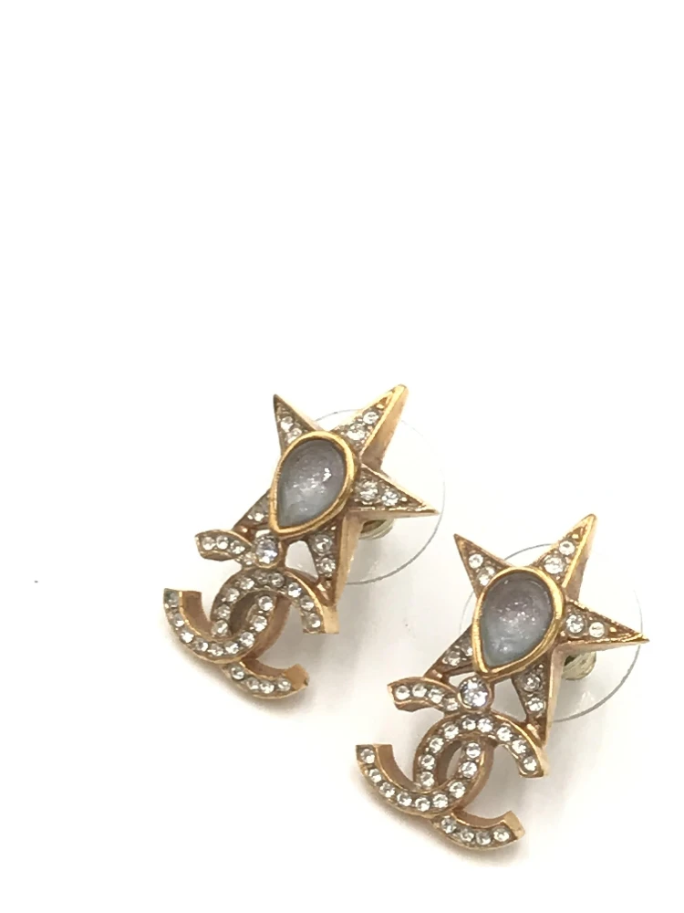 Gold Plated Star Coco Mark Earrings With Rhinestones