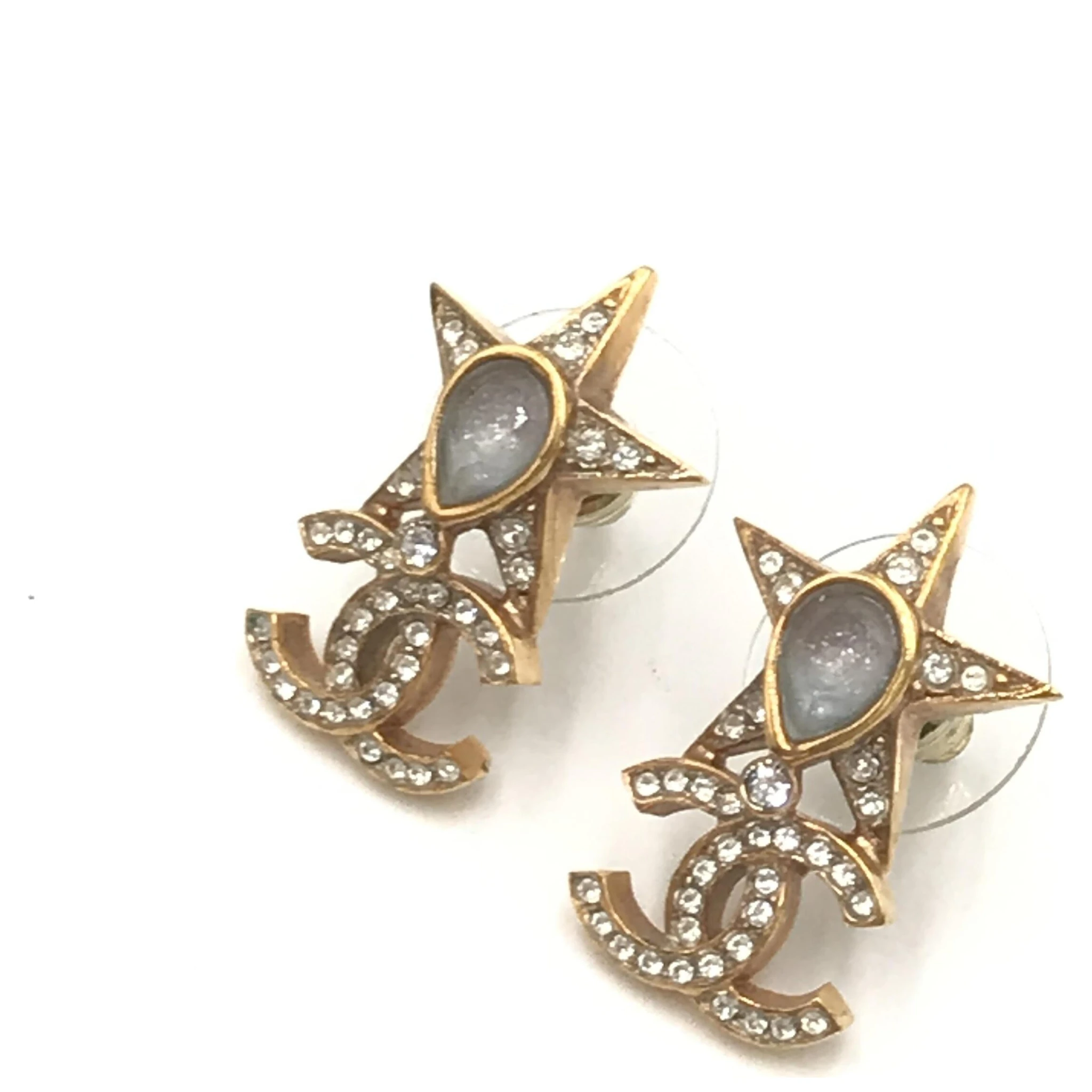 Gold Plated Star Coco Mark Earrings With Rhinestones