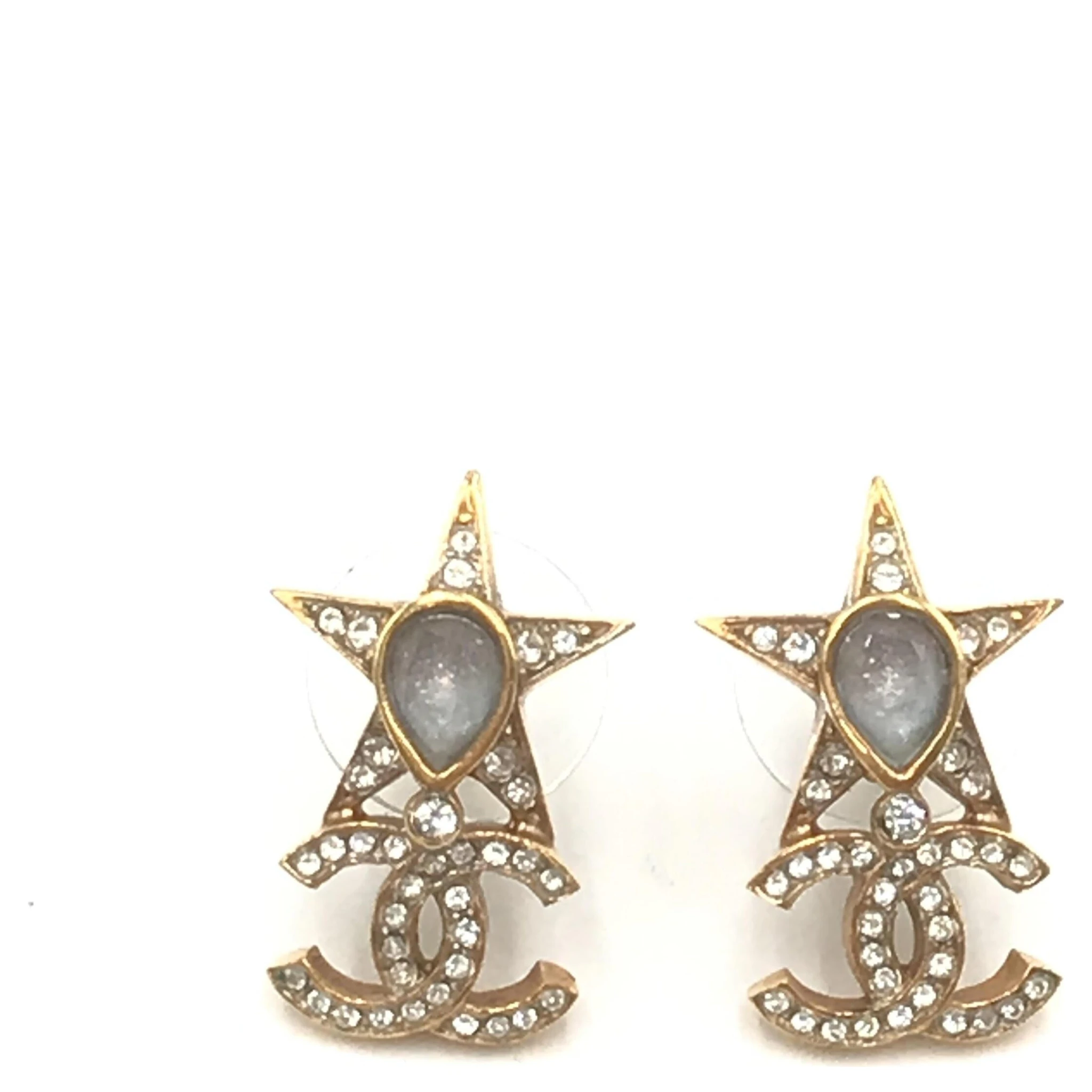 Gold Plated Star Coco Mark Earrings With Rhinestones
