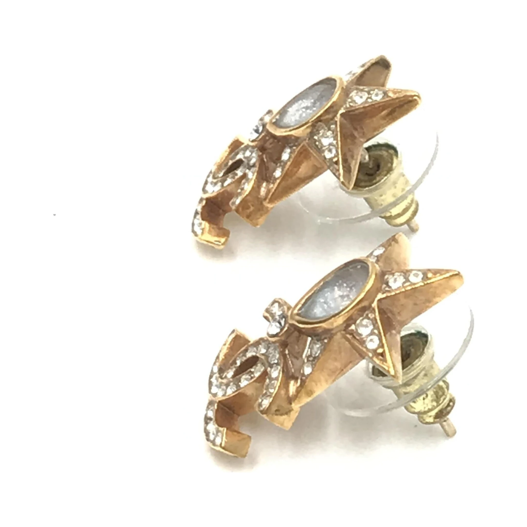 Gold Plated Star Coco Mark Earrings With Rhinestones