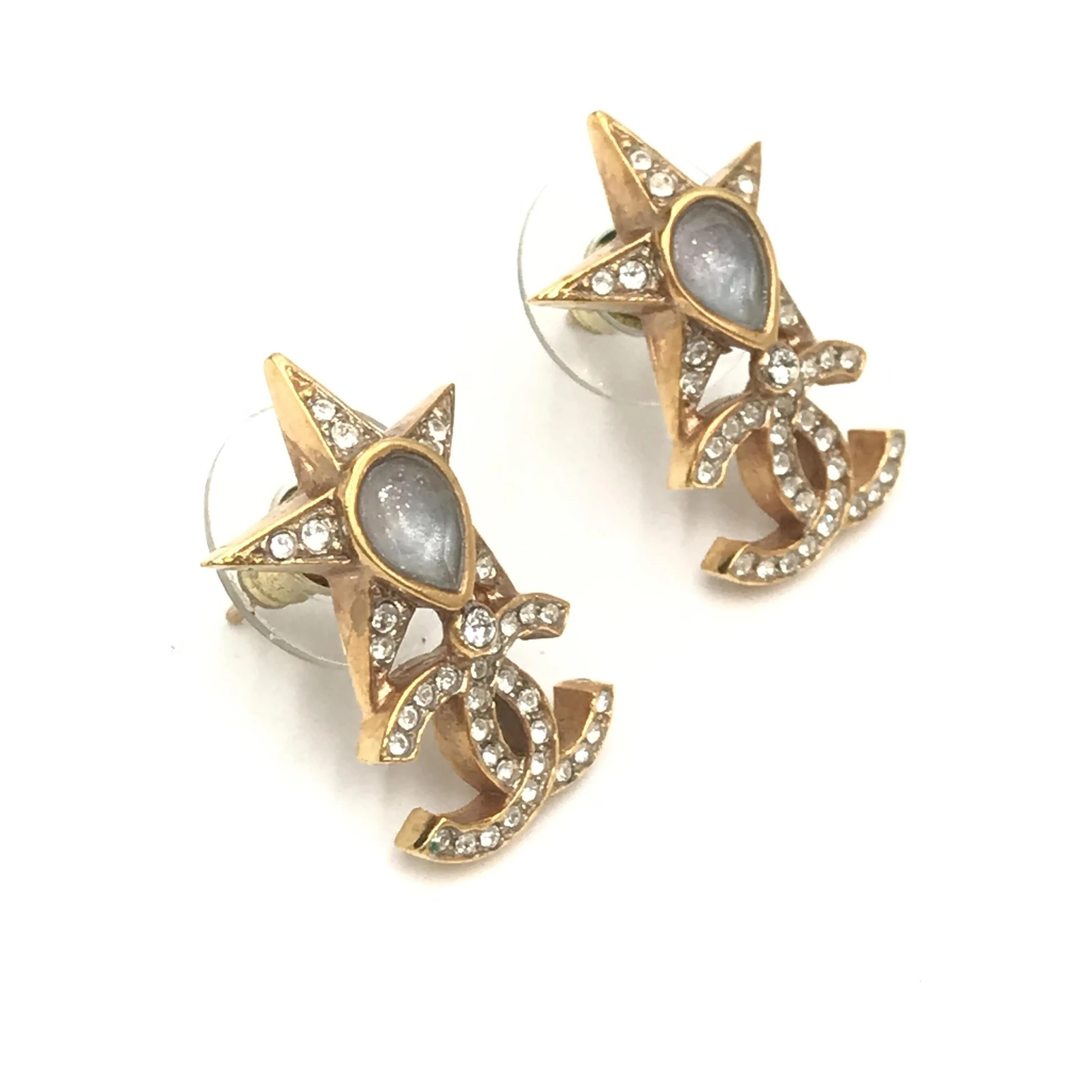 Gold Plated Star Coco Mark Earrings With Rhinestones