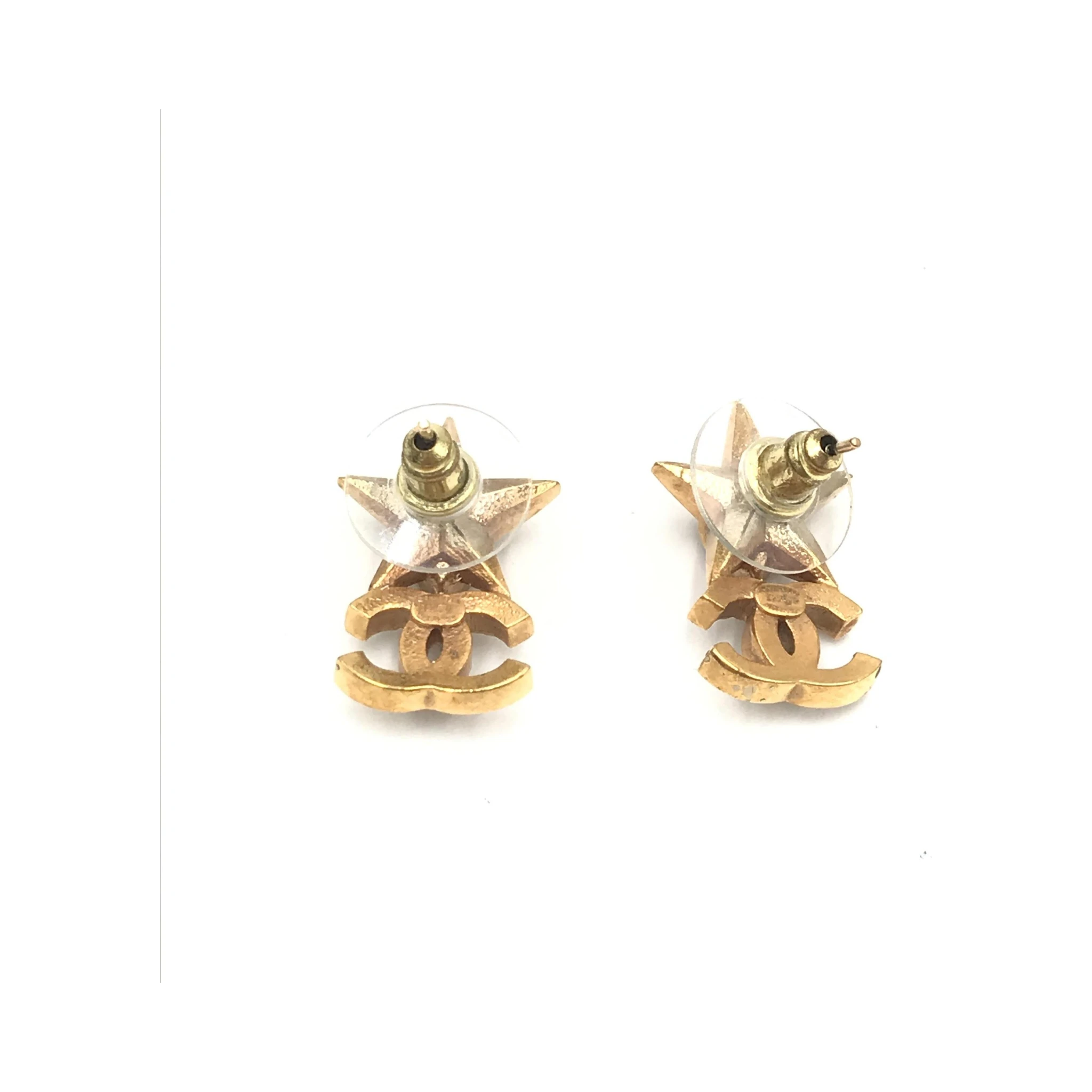 Gold Plated Star Coco Mark Earrings With Rhinestones
