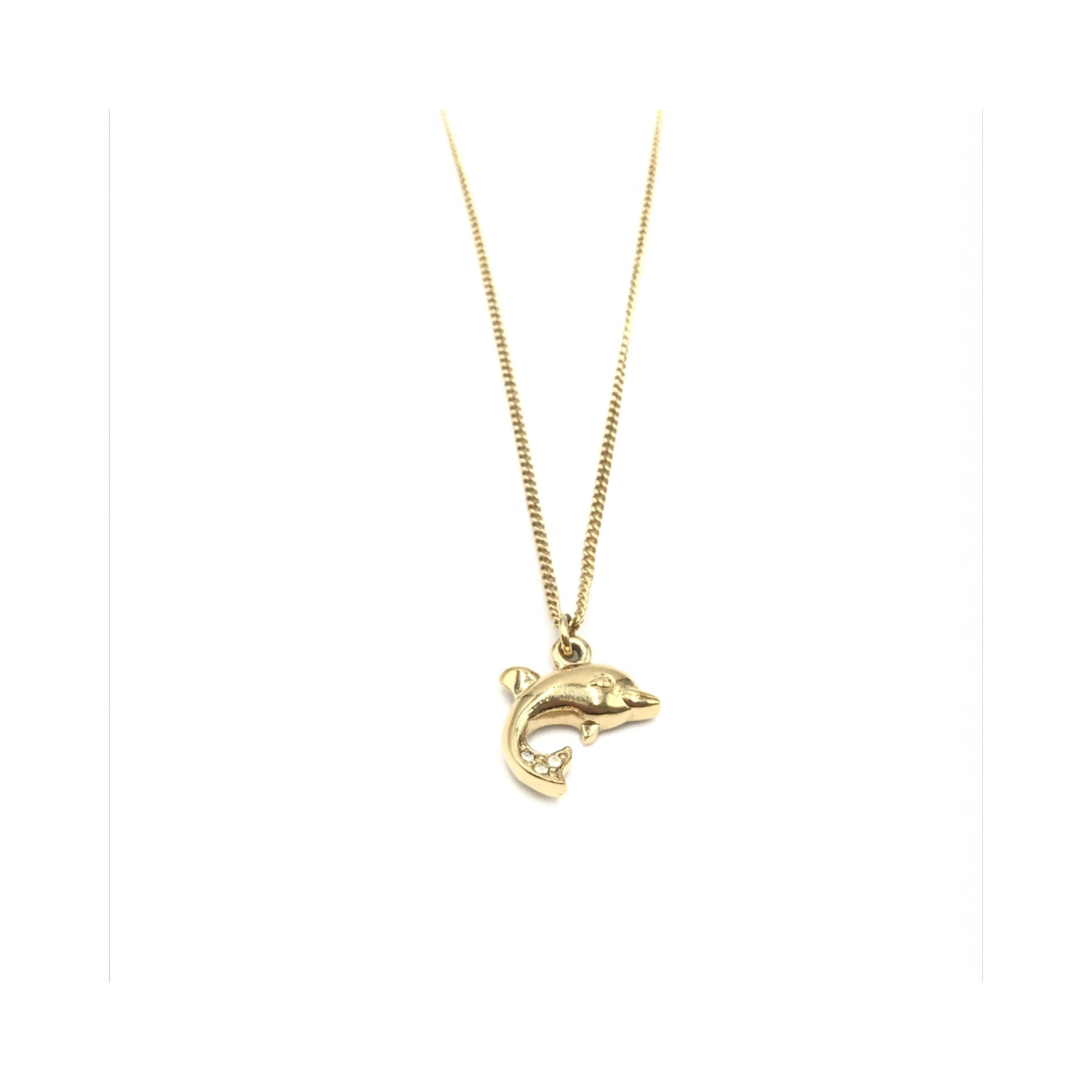 Dolphin Motif Rhinestone Gold Plated Necklace