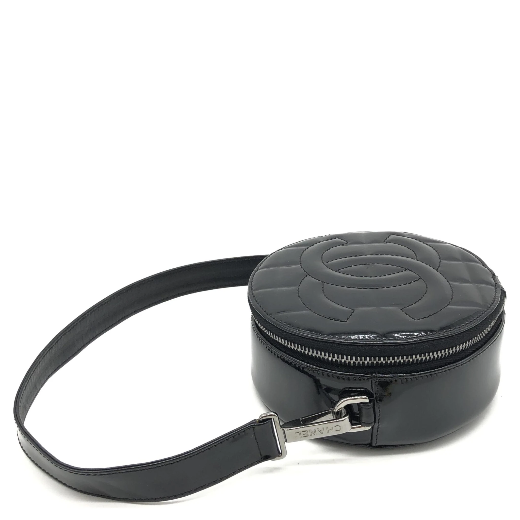 Black Patent Quilted CC Circle Mini Bag