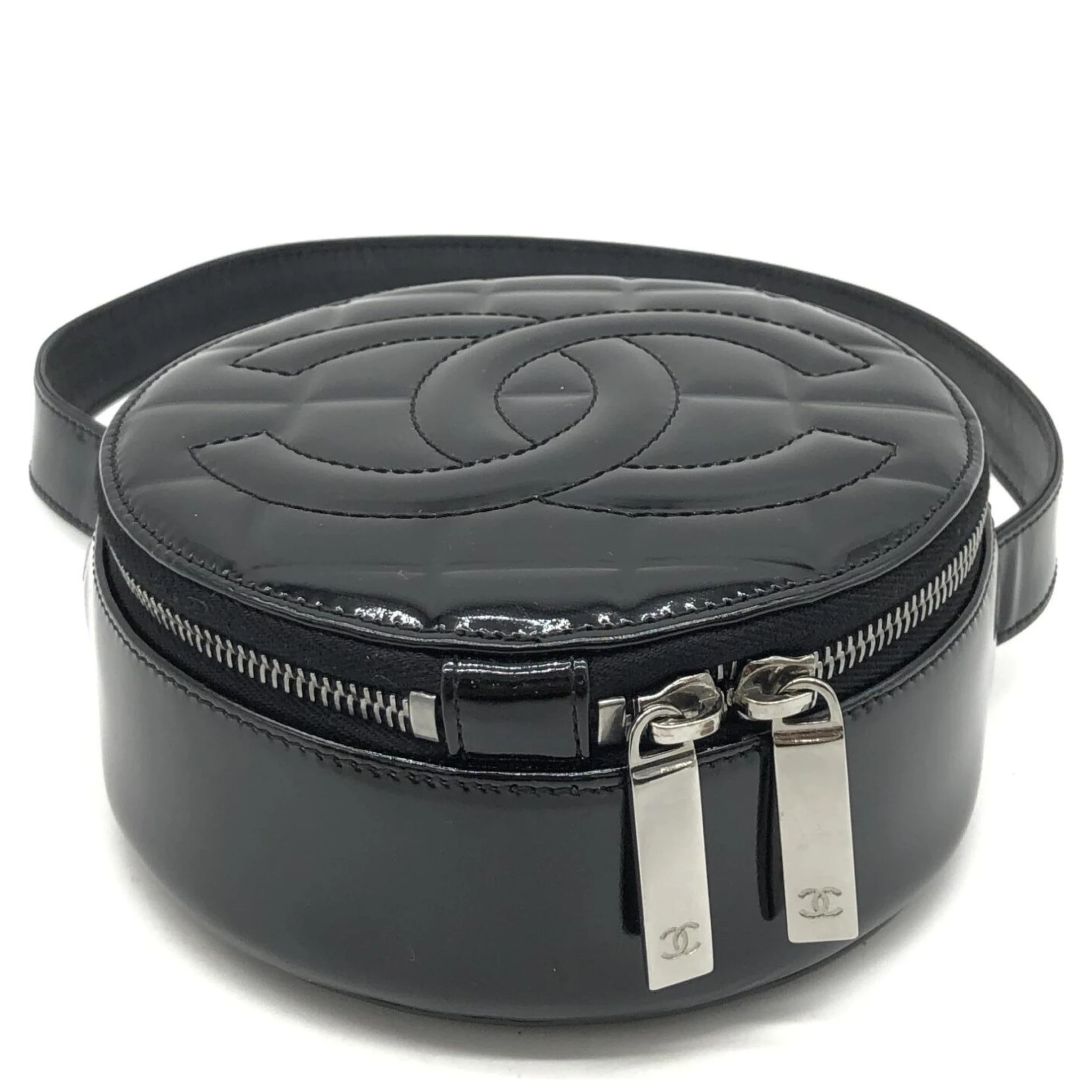 Black Patent Quilted CC Circle Mini Bag
